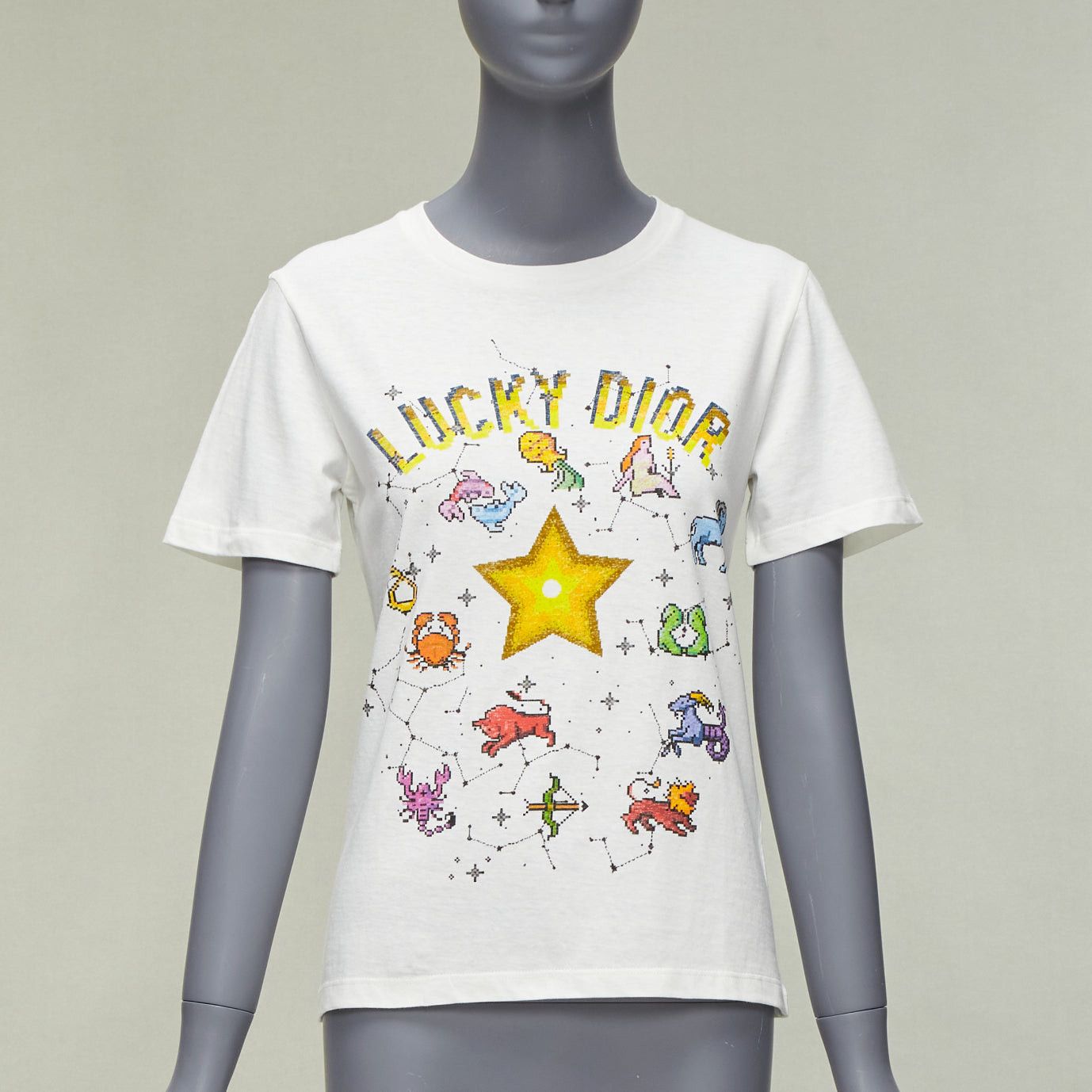 image of Dior Lucky Dior Zodiac Pixel Print White Cotton Linen Short Sleeve Tshirt Xs, Women's (Size Small)