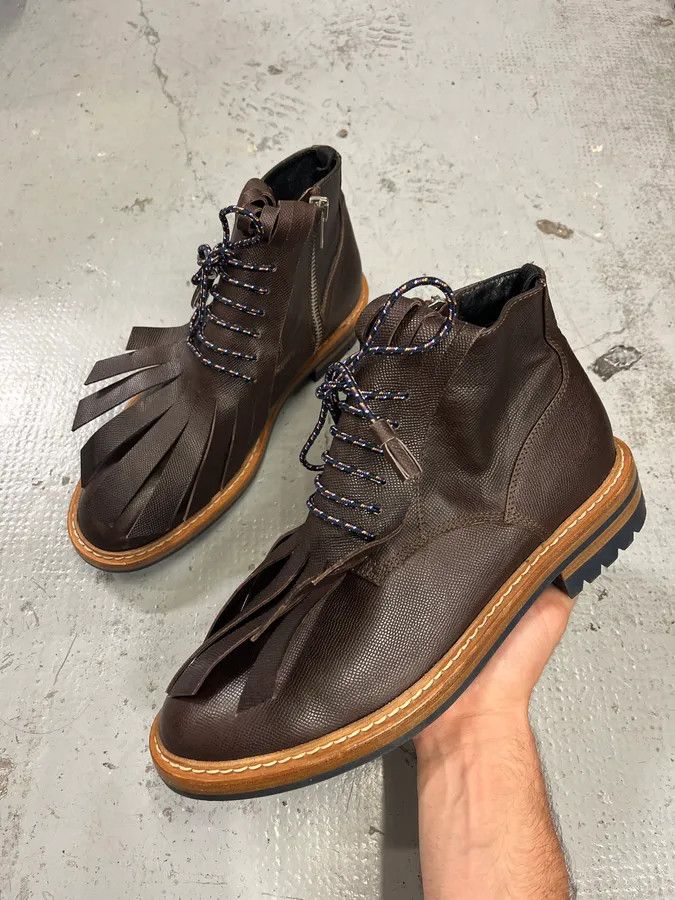 Designer × Kris Van Assche × Vintage 2010s Kris Van Assche Brown Leather Fringe Boots Size US 11 / EU 44 - 1 Thumbnail