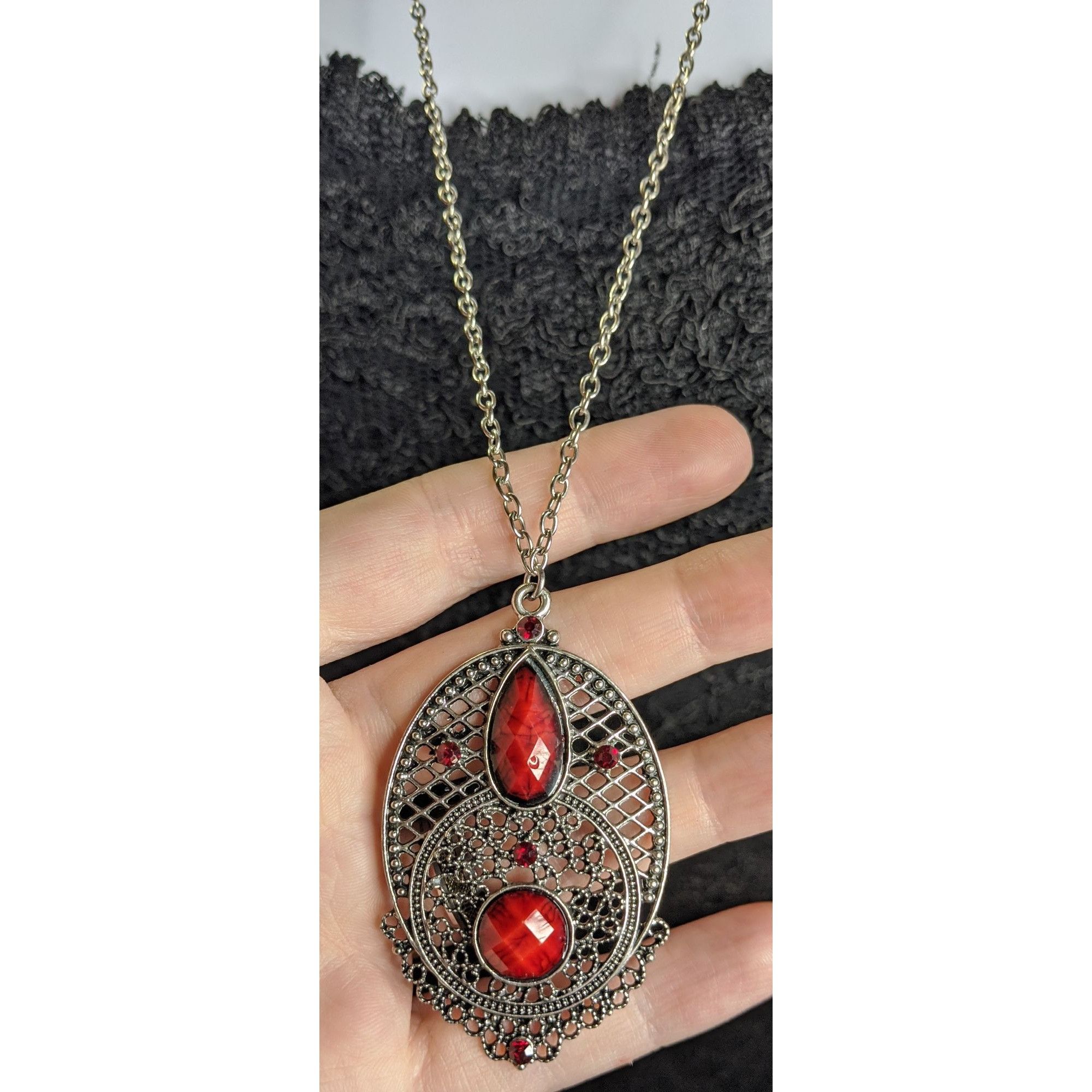 Other Gothic Oval Pendant Necklace With Red Faux Gemstones & Filig Size ONE SIZE - 8 Thumbnail
