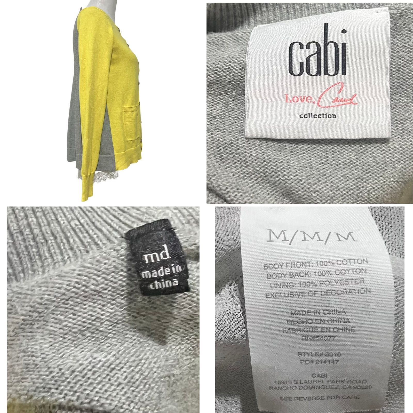 Vintage Cabi Love Carol Belle Cardigan Yellow Grey w/ Lace Trim Cotton Sz M Style 3010 Cardigan Women M Yellow Lace Trim Cotton Vintage? Size M / US 6-8 / IT 42-44 - 8 Thumbnail