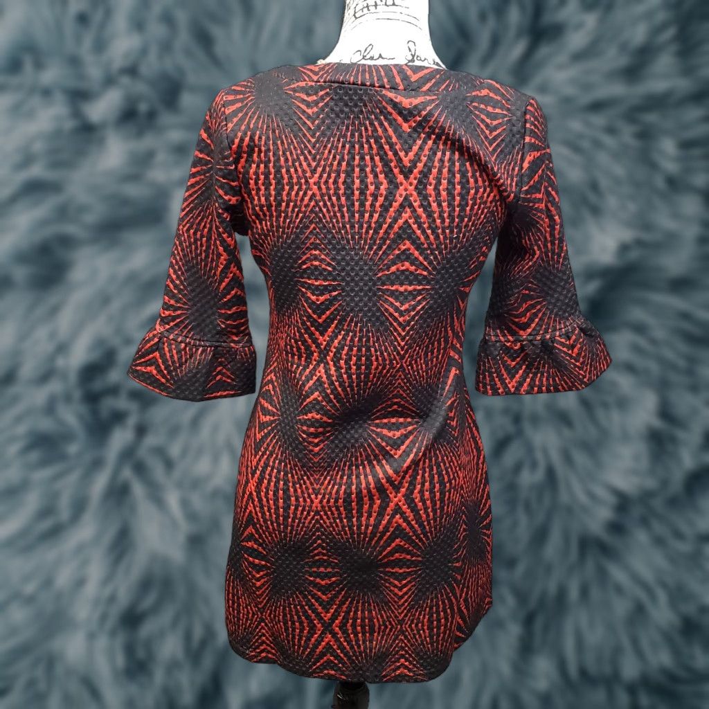 Anthropologie Aryeh Mini Dress Womens S Red Black Geometric Bell Sleeve Dress Size S / US 4 / IT 40 - 1 Thumbnail