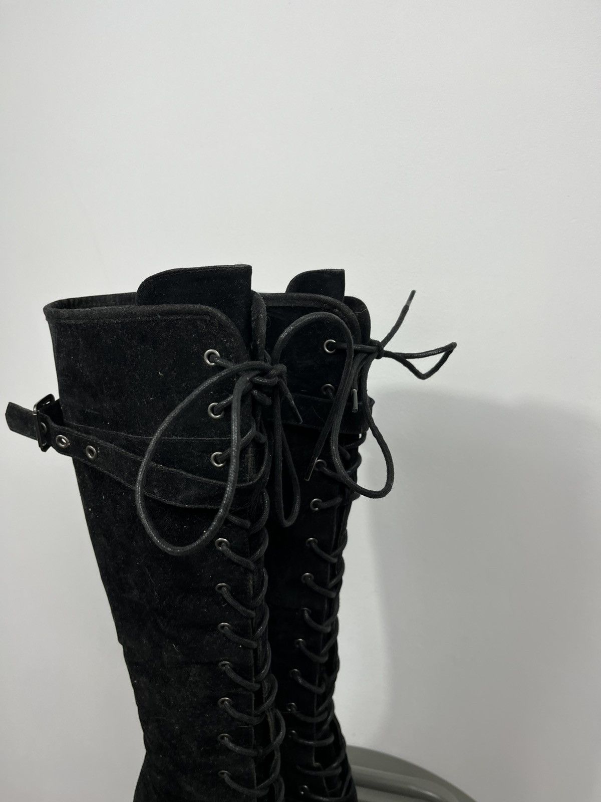 Other Black Suede Knee High Lace Up Platform Heeled Boots US 9 Size US 9 / IT 39 - 3 Thumbnail