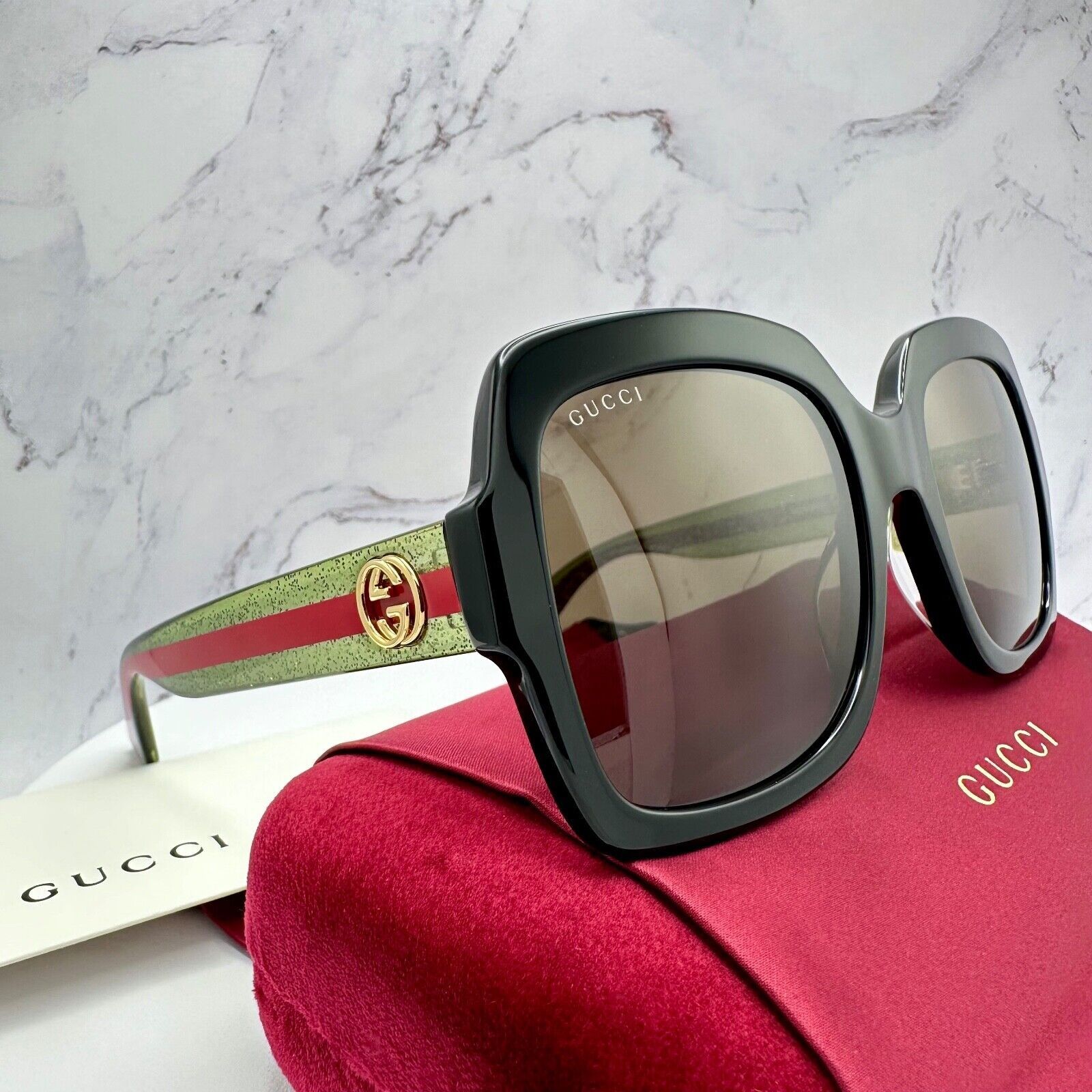 Gucci New Gucci Sunglasses Black Square Red Green Web Arms Gold Size ONE SIZE - 1 Thumbnail