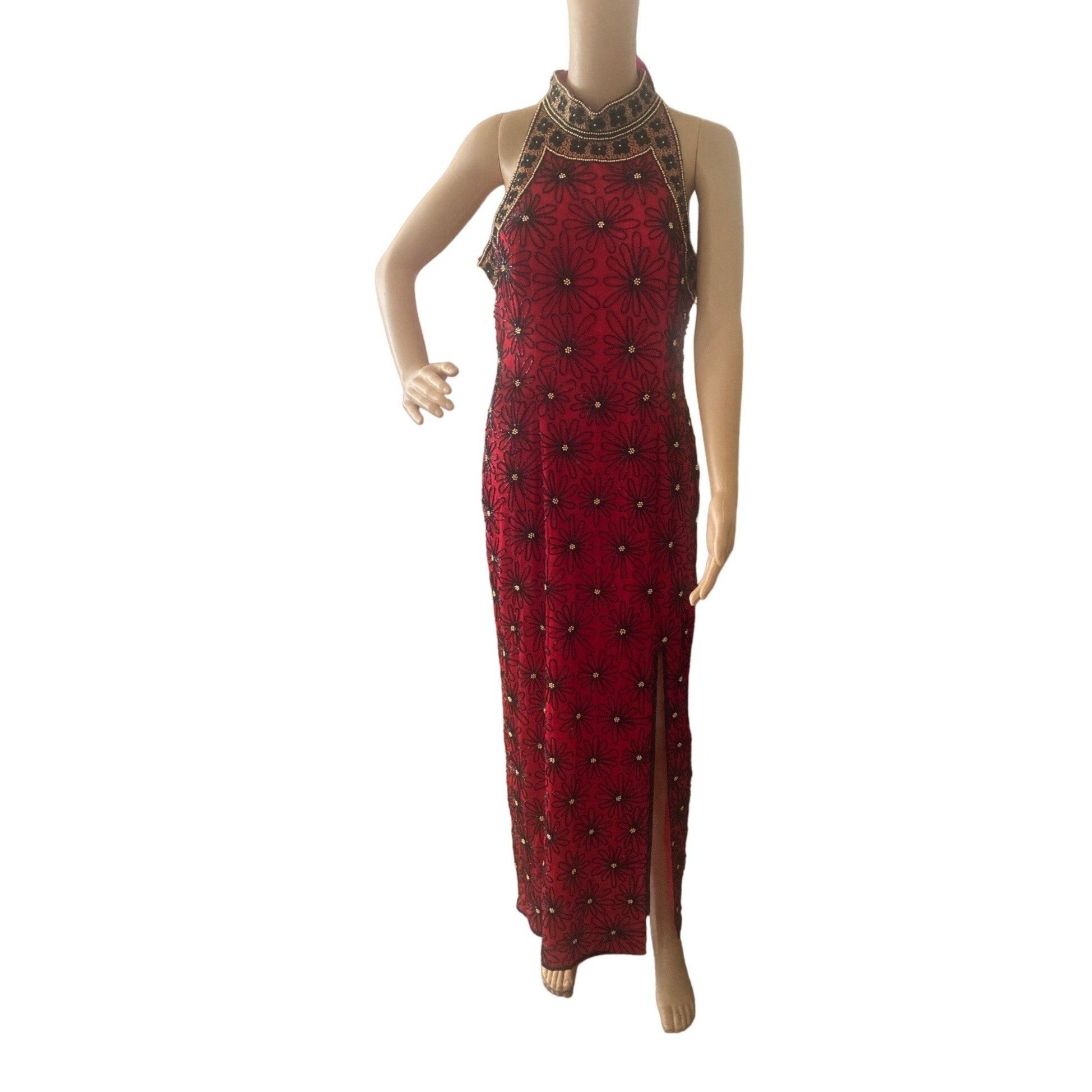 Vtg Papell Boutique Evening Dress Women 12 Pet Red Beaded Si