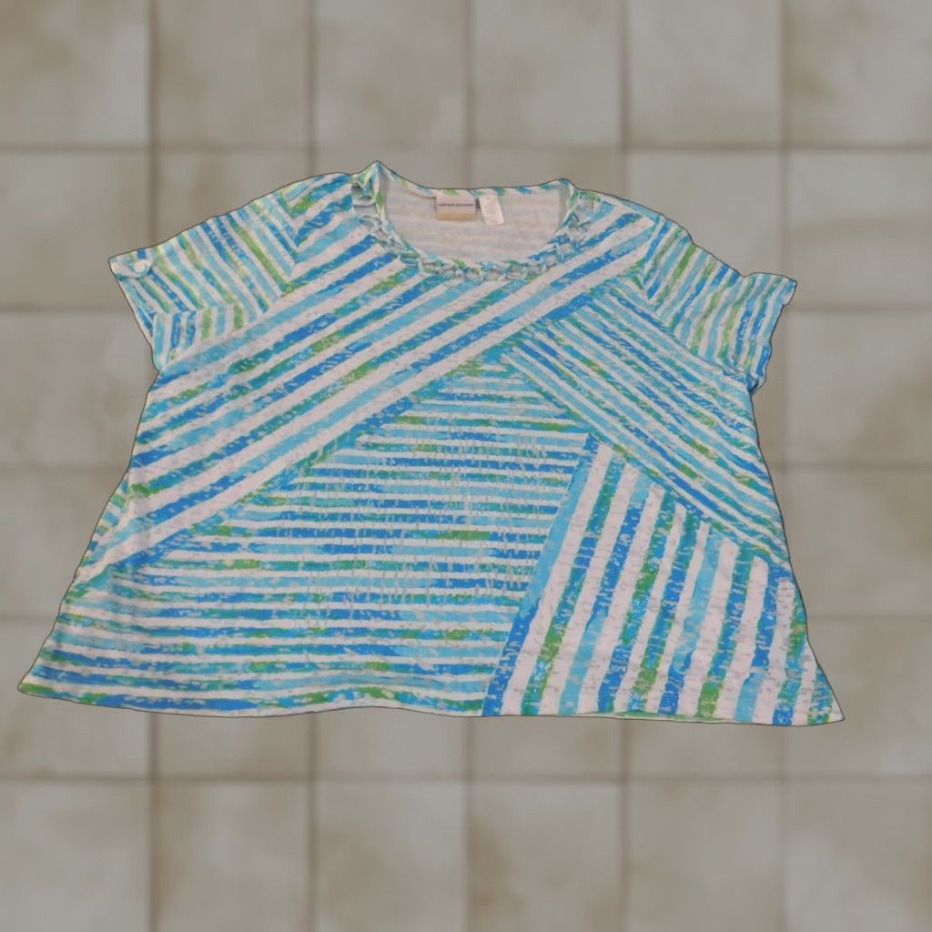 Vintage Alfred Dunner Blouse Shirt 3X Women Blue Geometric Short Sleeve Pullover Stretch Casual Lace Geometric Pattern Basic Classic Vintage: No Size XXL / US 16-18 / IT 52-54 - 1 Thumbnail