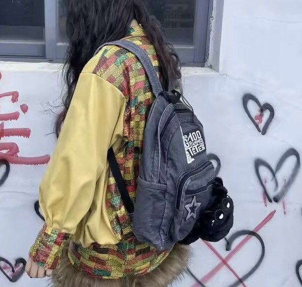 Japanese Brand Cartoon Washed Punk Goth Capacity Canvas School Backpack Bag Size ONE SIZE - 3 Thumbnail