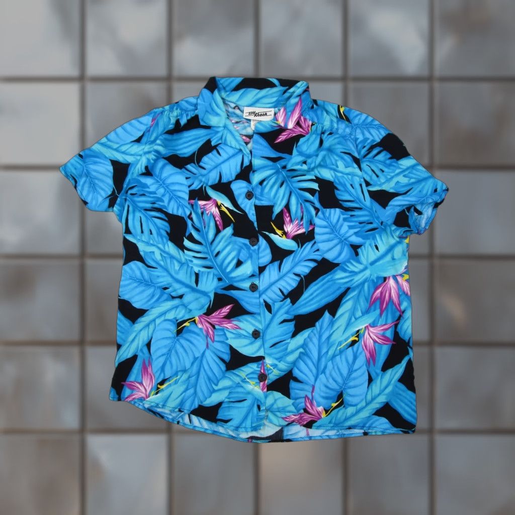 Vintage Vintage By Krush Women's 16 Blue Floral Short Sleeve Button-Up Shirt Hawaii 60s 70s 80s Retro Size XXL / US 16-18 / IT 52-54 - 1 Thumbnail