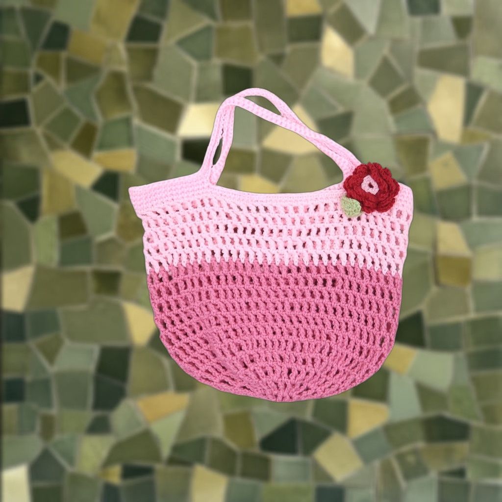 Pinko VINTAGE Pink open knit crochet handbag tote purse Womens Tote 15" across 10" height Rosette detail Handmade Casual Pink Ladies bag Size ONE SIZE - 1 Thumbnail