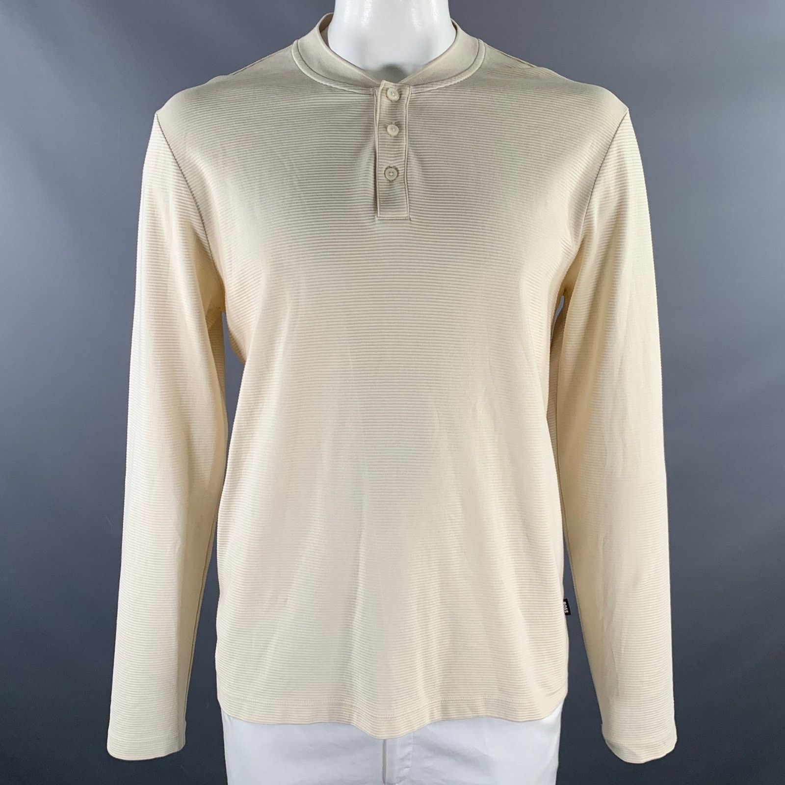 Hugo Boss HUGO BOSS Size XL Cream Ribbed Cotton Henley Pullover Size US XL / EU 56 / 4 - 1 Thumbnail