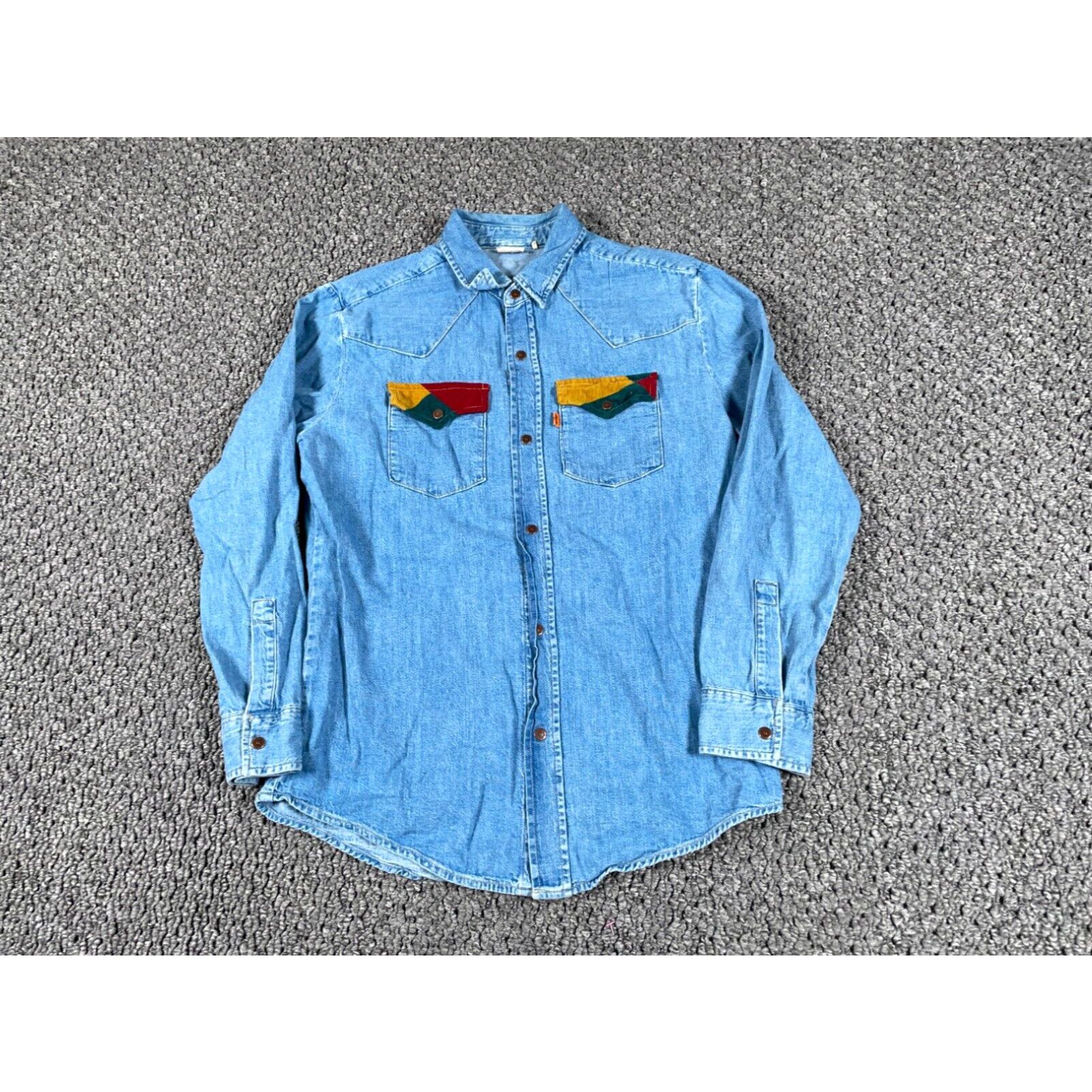 image of Levis VTG Levi's Western Denim Shirt Adult Medium Blue Cowboy Colorful Trim Orange Tab in White