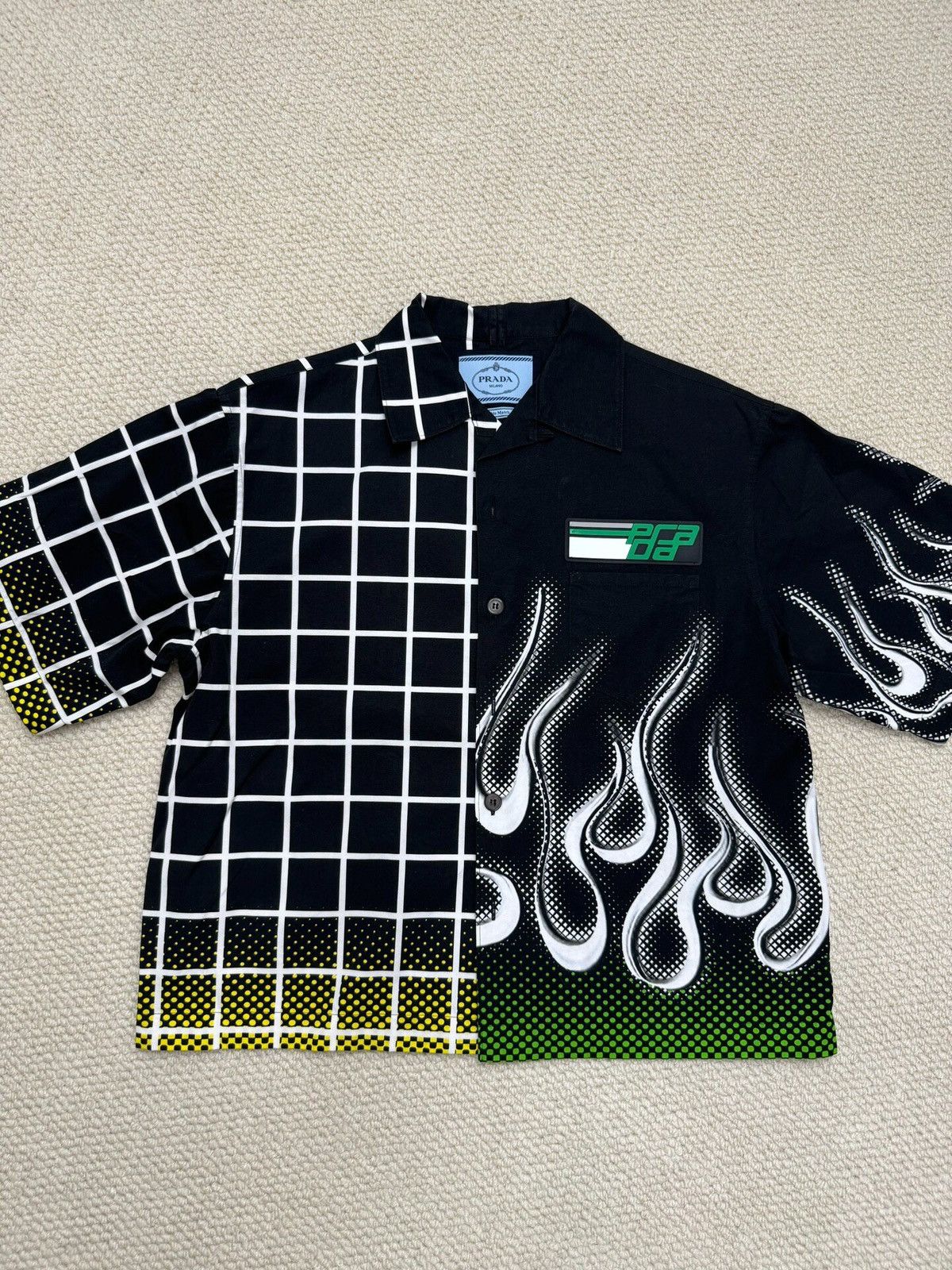 Prada Prada Double Match Black Grid & Green Flame Shirt | Grailed