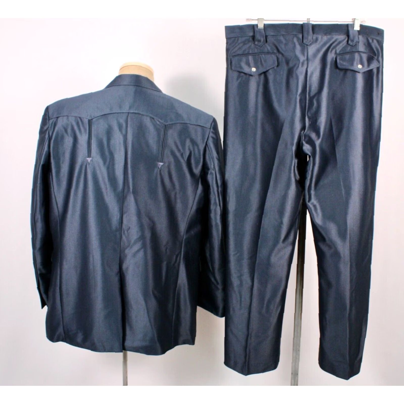Vintage MENS VTG 2 PC Dark Blue Polyester Western Leisure Suit W Tie Sz 46 1970s Style Size 46R - 3 Thumbnail