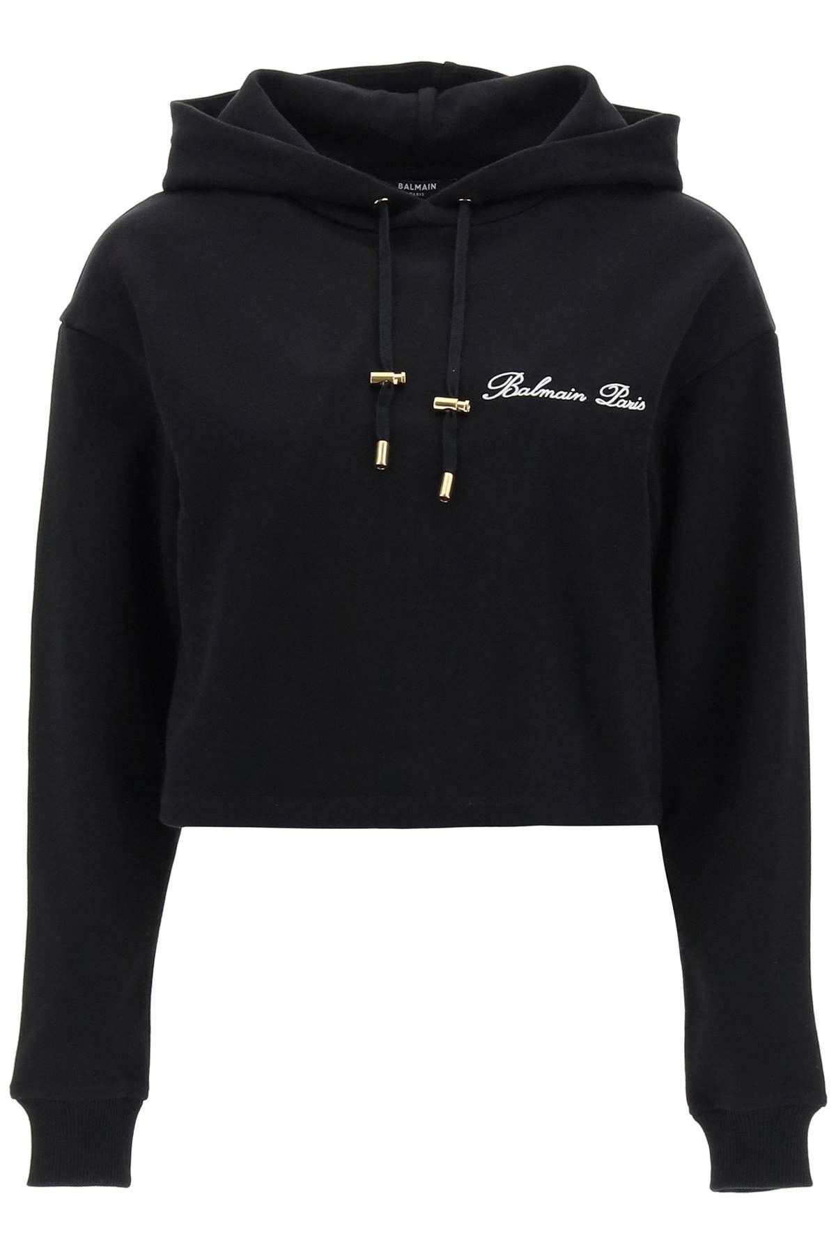 image of Balmain Cropped Hoodie With Logo Embroidery in Noir Blanc, Women's (Size Small)