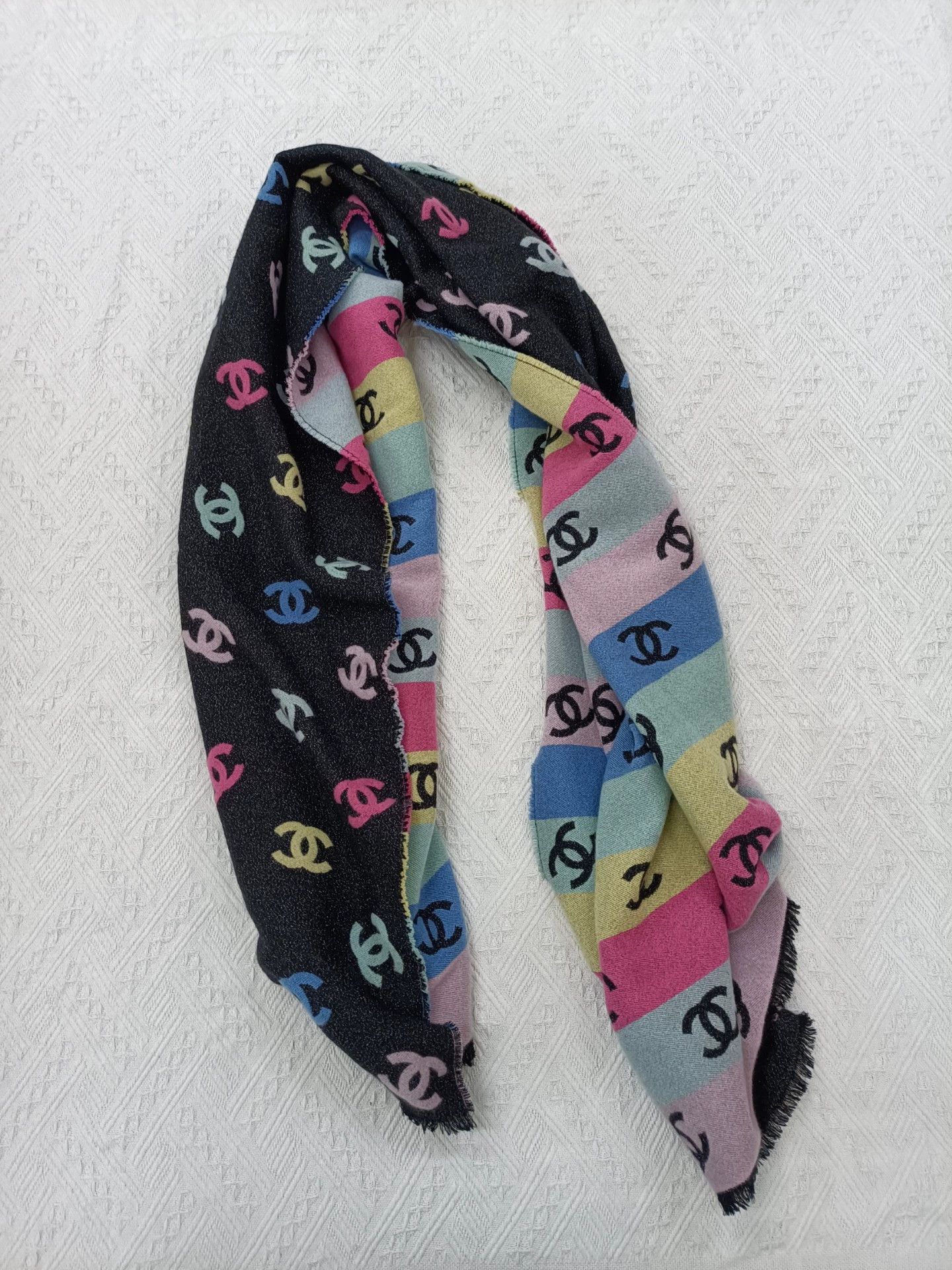 Chanel Chanel Rainbow Large Logo DoubleFaced Cashmere Scarf Size ONE SIZE - 3 Thumbnail