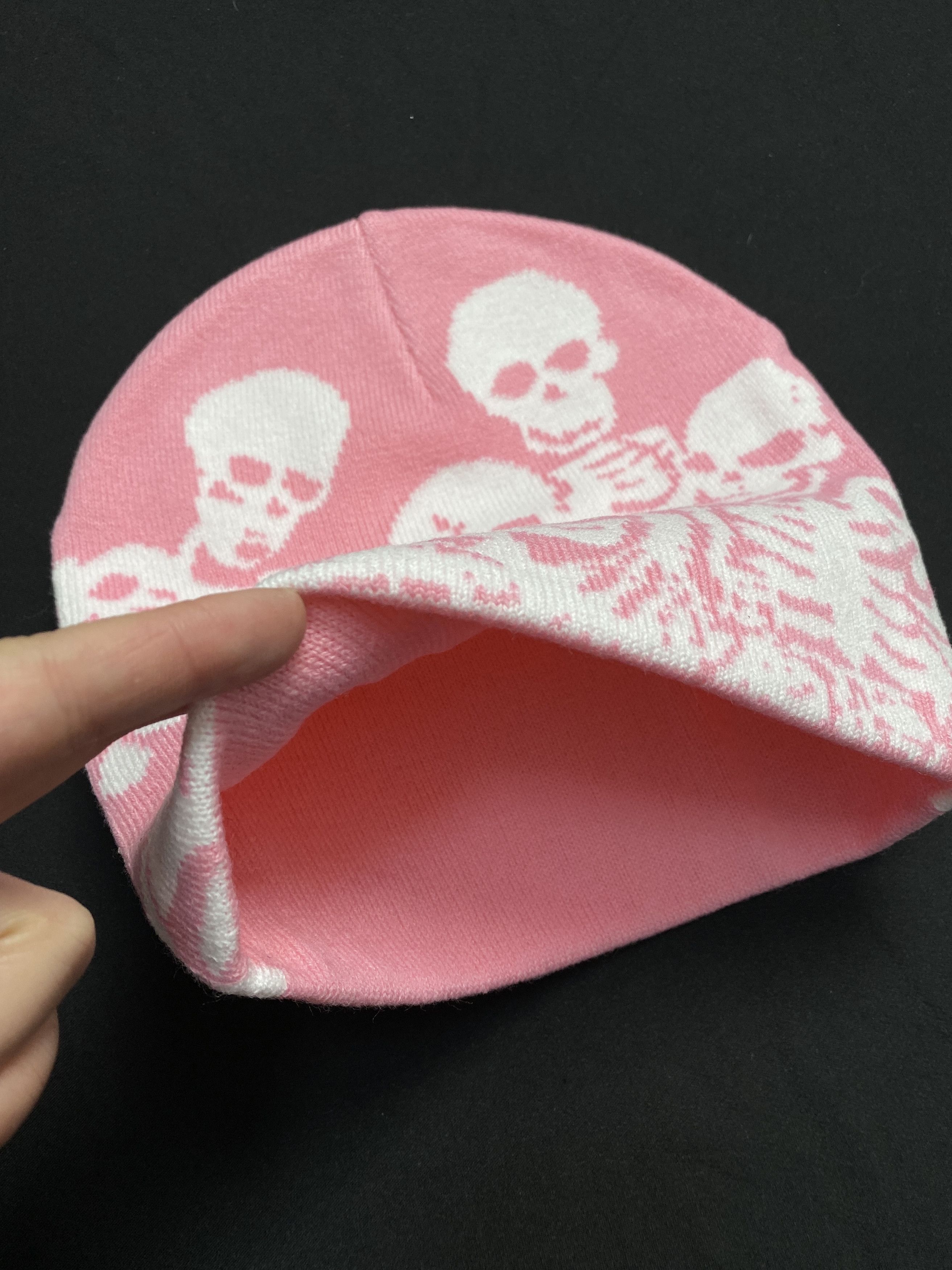 Japanese Brand Rare Skeleton Graphic design No Cuff Knit Pink Beanie OS Size ONE SIZE - 2 Thumbnail