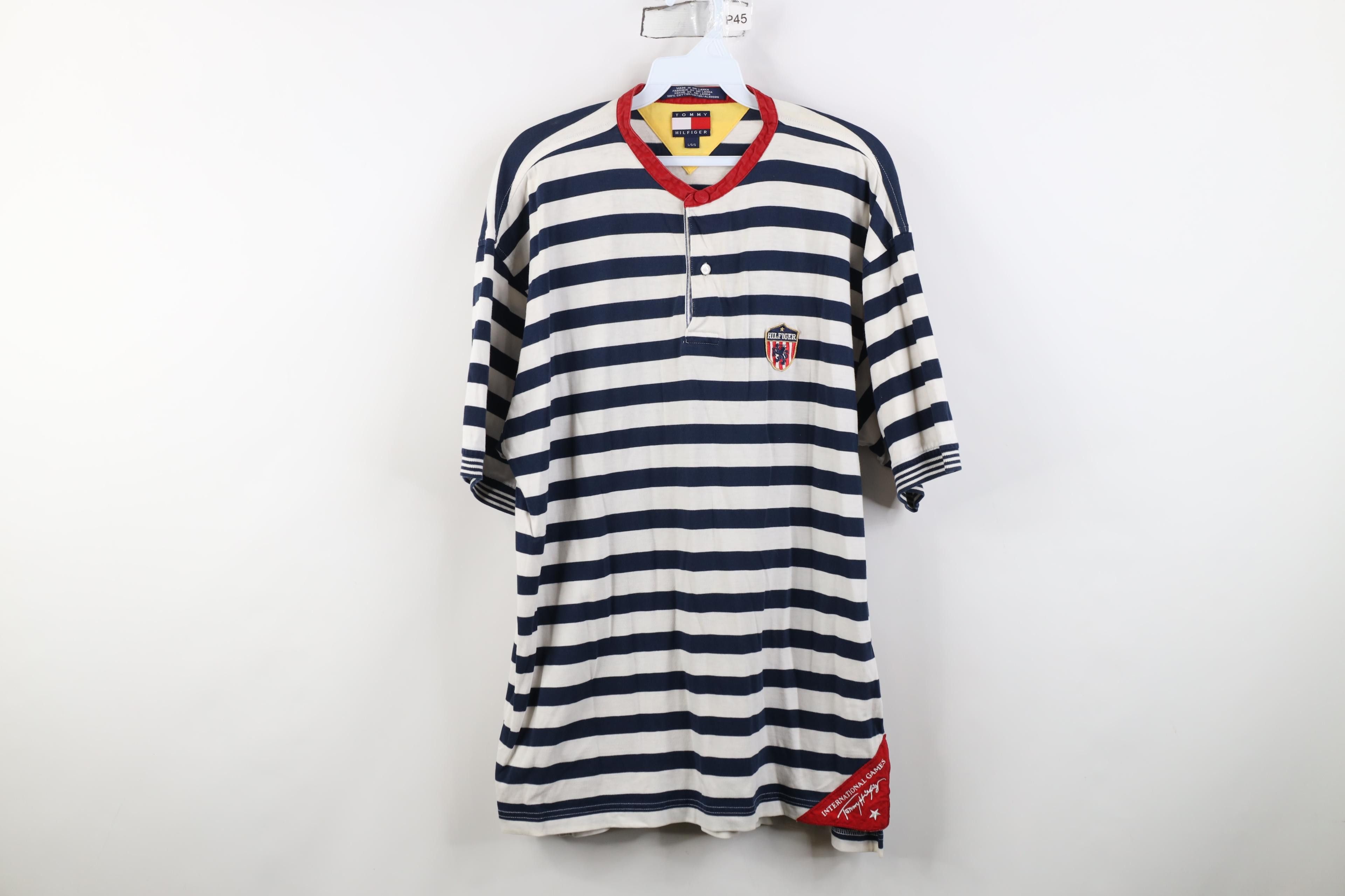 Tommy Hilfiger Vintage 90s Tommy Hilfiger Crest Striped Henley T-Shirt Size US L / EU 52-54 / 3 - 1 Thumbnail