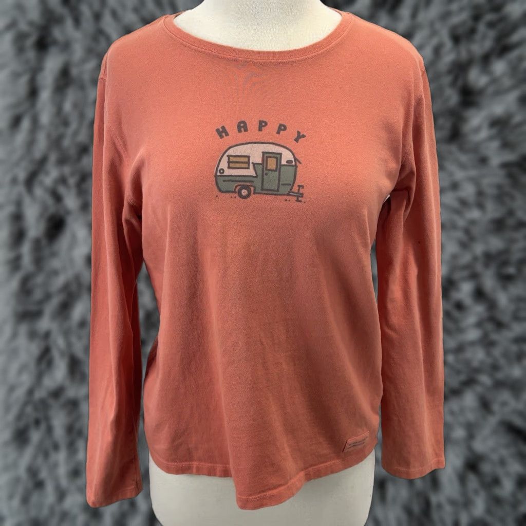 Life is Good Life is Good Women's T-Shirt, Orange Happy Camper V-Neck Long Sleeve, Relaxed Fit, Size M, Graphic Tee, Cotton, Camping/Mountains, Womens Size M / US 6-8 / IT 42-44 - 1 Thumbnail