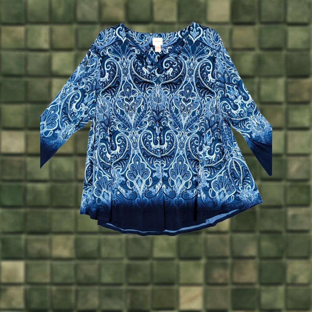 Vintage Chico's Tunic Top Blue Paisley Pullover 3/4 sleeve Size 3=XL Stretchy Women Size XXL / US 16-18 / IT 52-54 - 1 Thumbnail