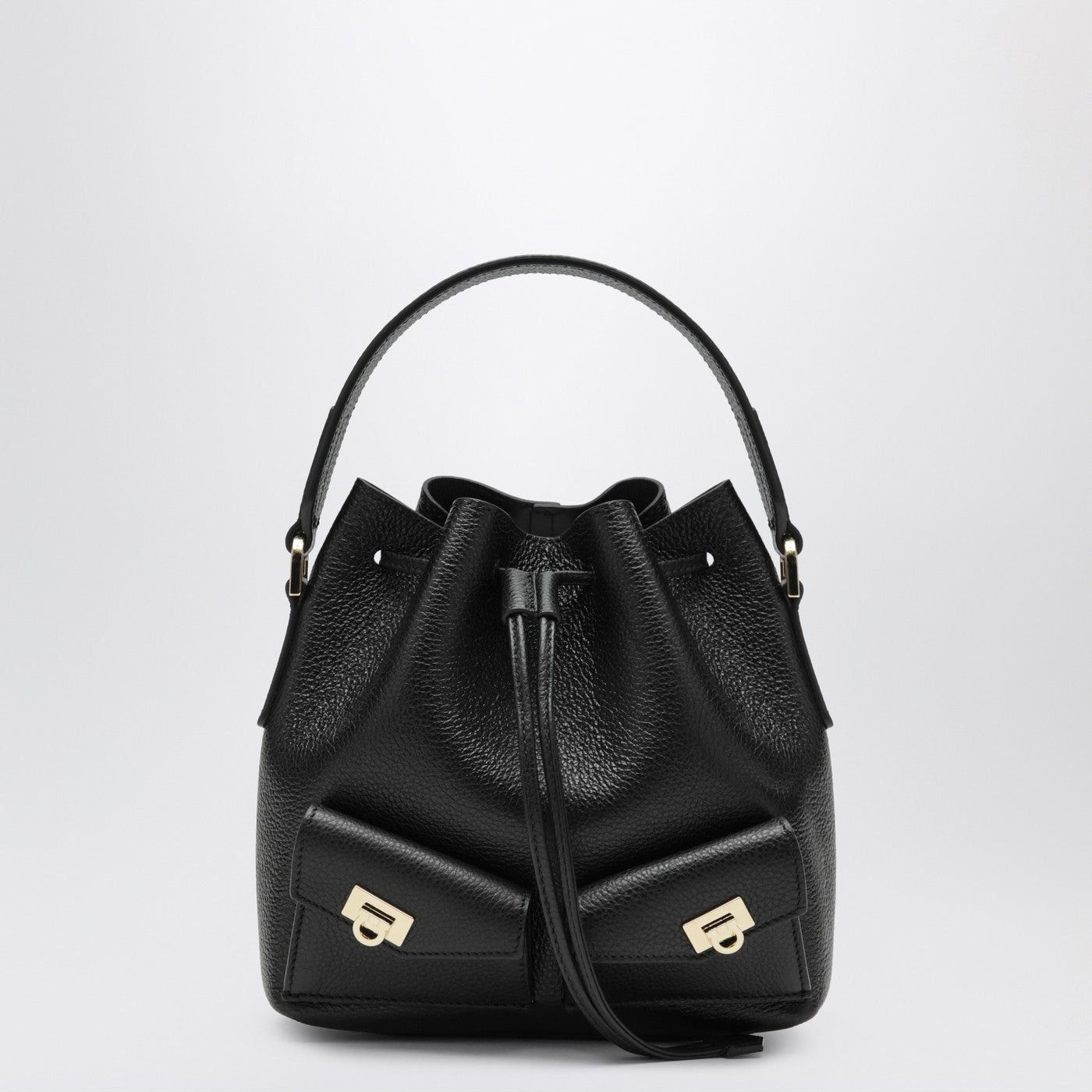 Salvatore Ferragamo Ferragamo Black Multipocket Bucket Bag In Hammered Leather, Women's