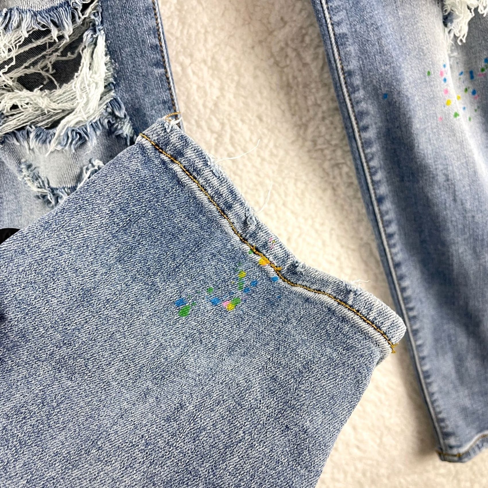 Denime Judy Blue Boyfriend Jeans Womens Size 14W Blue Denim Paint Splatter Distressed Jeans - 5-Pocket, High Rise, Inseam 29" - Plus Size, Regular Fit Size 36" / US 14 / IT 50 - 6 Thumbnail