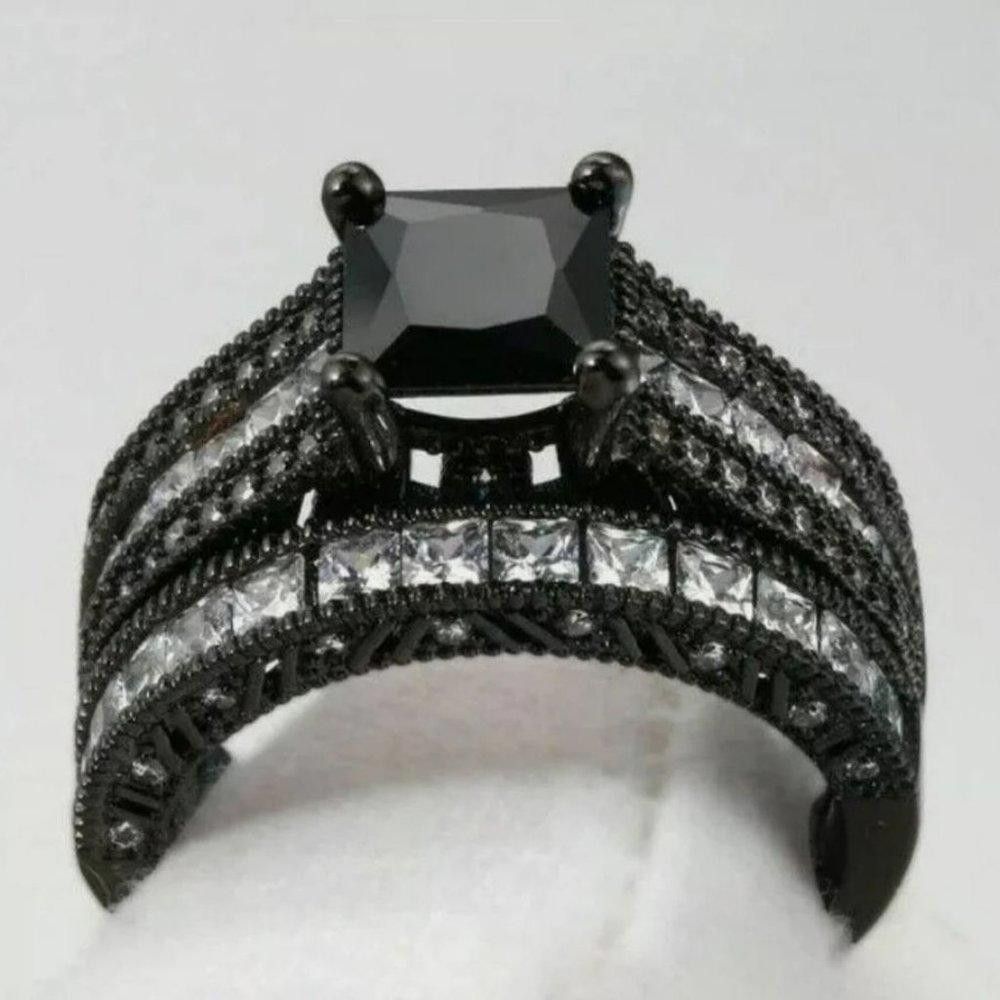 Designer 2Pcs 925 Silver Black Zircon Engagement Ring Set - Size 5 Size ONE SIZE - 1 Thumbnail