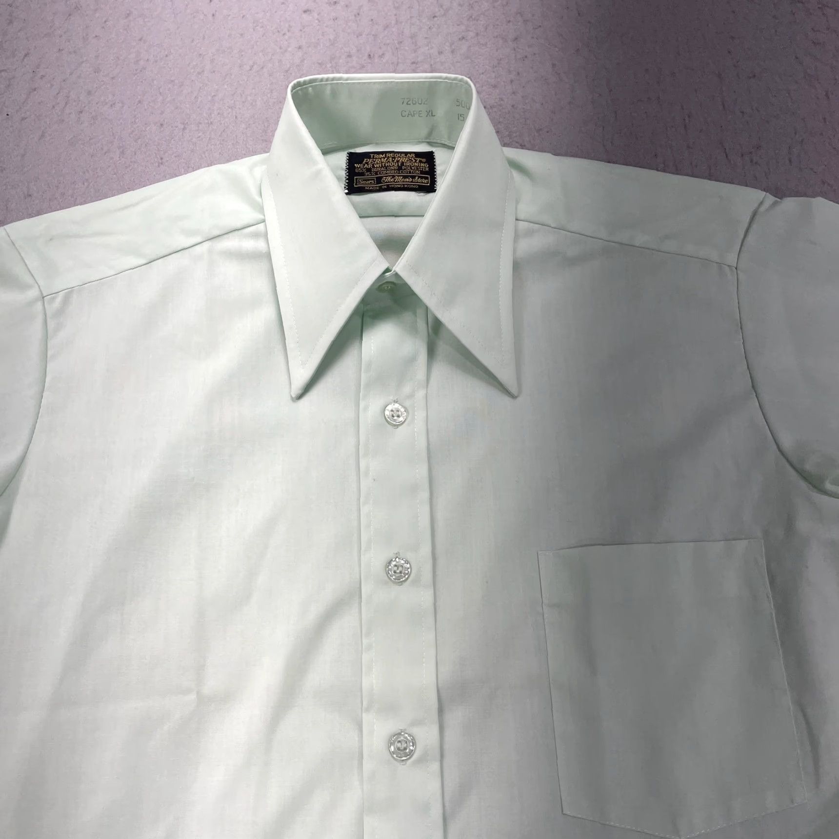 Sears VINTAGE Sears Shirt Mens 15 Green Perma Prest Short Sleeve Dress Hong Kong Size 40R - 2 Thumbnail