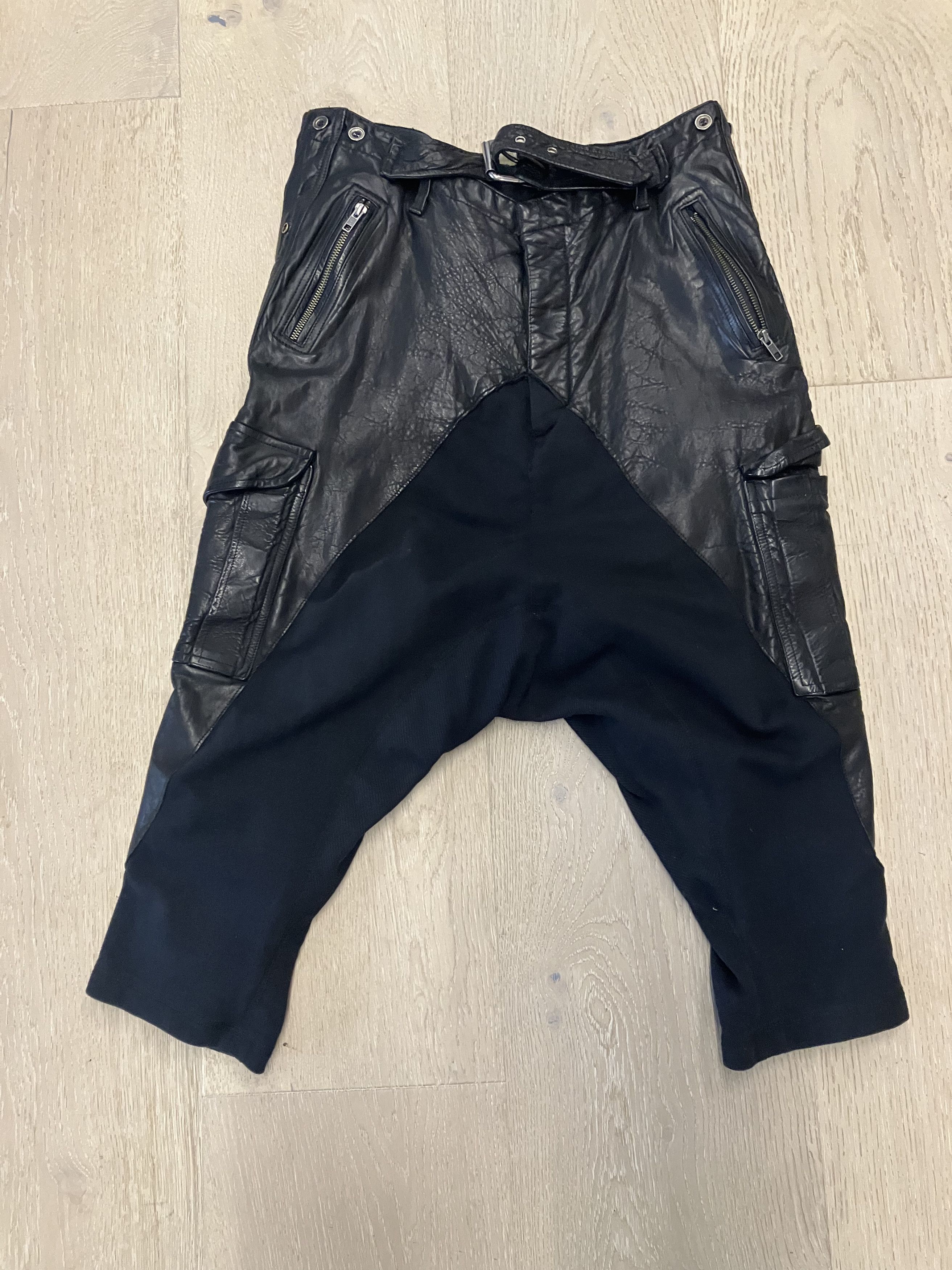 image of $3K Greg Laurent Black Leather Moto Hybrid Drop Crotch Pants, Men's (Size 34)