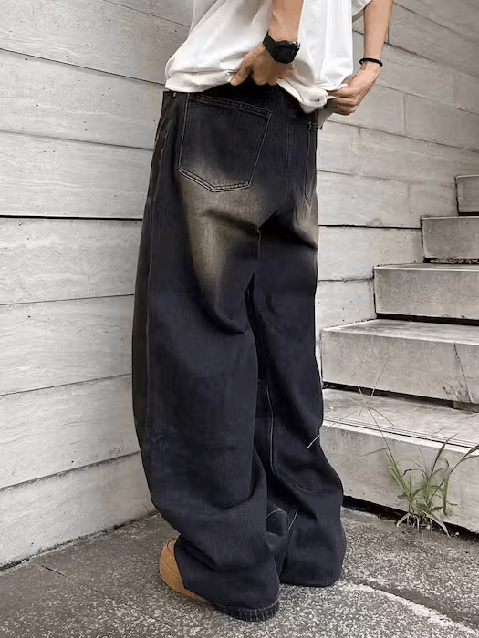 vintage washed denim baggy、黒T まとめ買い Japanese Brand × Jean Vintage wash textured design baggy