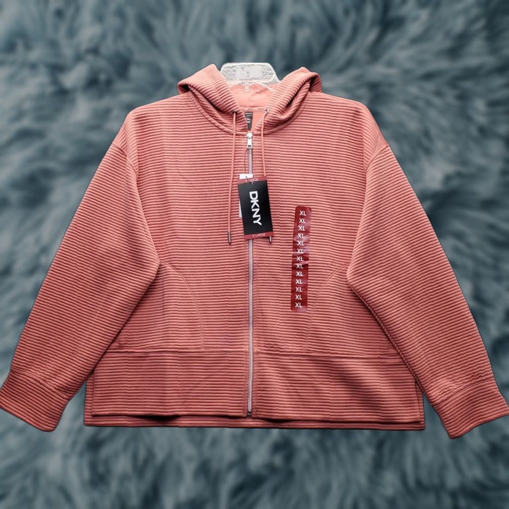 DKNY DKNY Hooded Jacket Womens XL Pink Full Zip Pockets Tech Ottoman Ribbed Breathable Size XL / US 12-14 / IT 48-50 - 1 Thumbnail