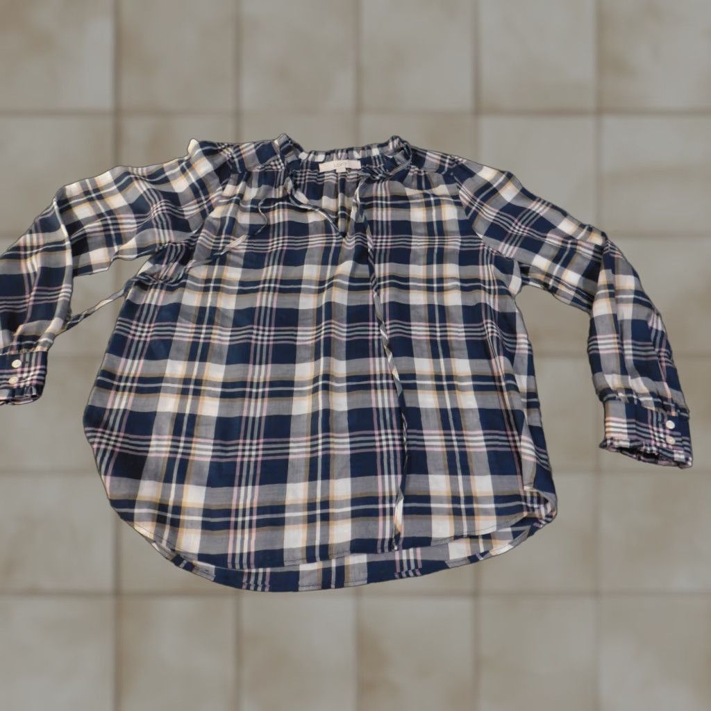 Ann Taylor Loft Ann Taylor Loft Blue Plaid Blouse M Women Lyocell Woven Pullover Casual Ruffle Long Sleeve Collared Denim Colorful Basic Size M / US 6-8 / IT 42-44 - 1 Thumbnail