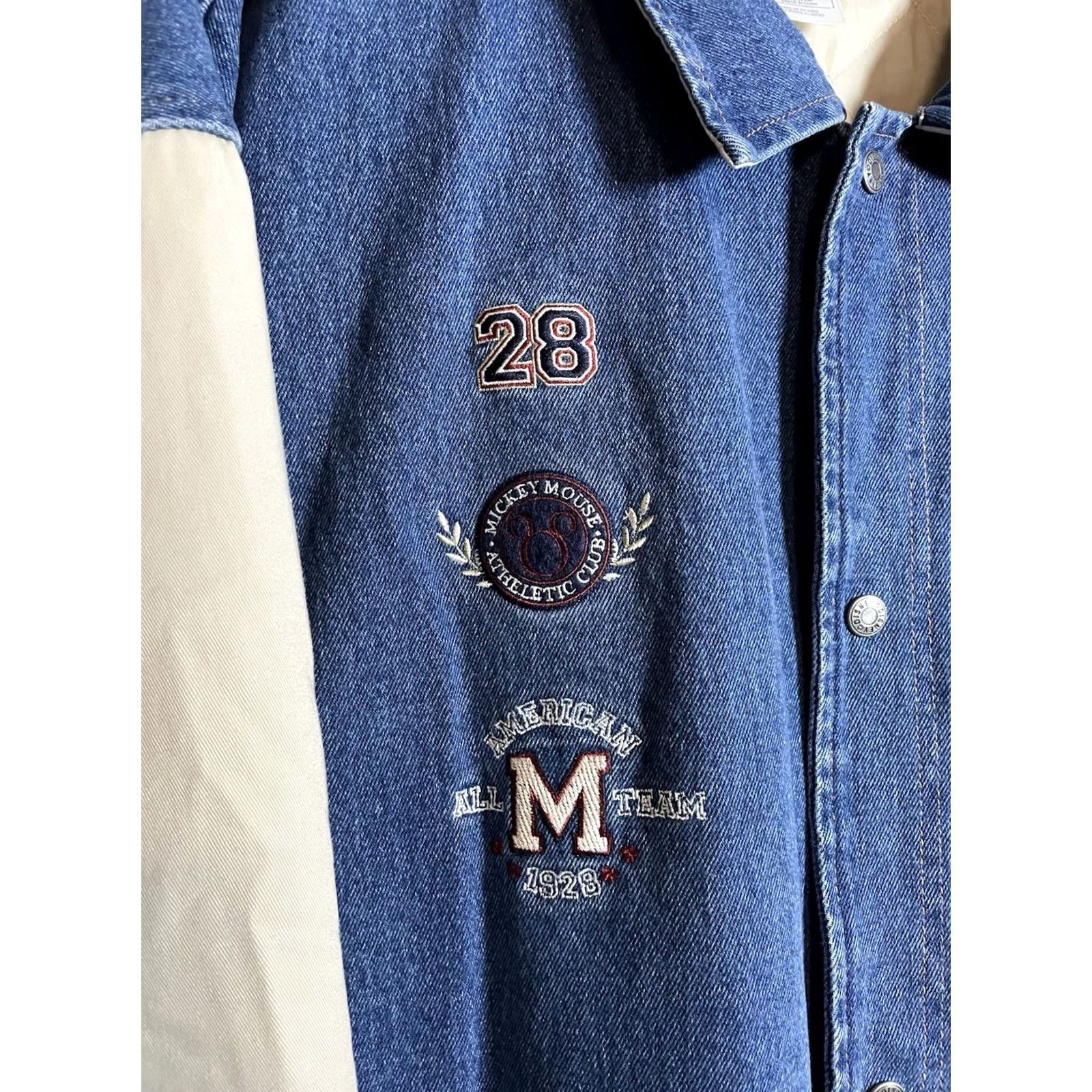 Disney VINTAGE Mickey Mouse 1928 Denim Varsity Jacket 2XL Men Tan Bomber 90s Disney Store Size US XXL / EU 58 / 5 - 6 Thumbnail
