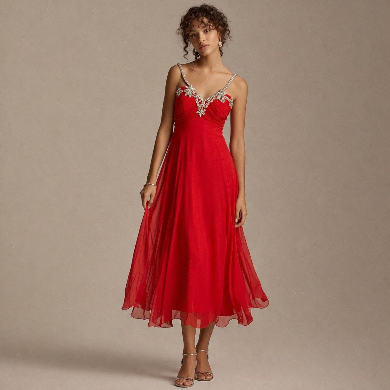 Vintage Vintage Red Chiffon Formal Dress Rhinestone Bust XS 80s Prom Size XS / US 0-2 / IT 36-38 - 3 Thumbnail
