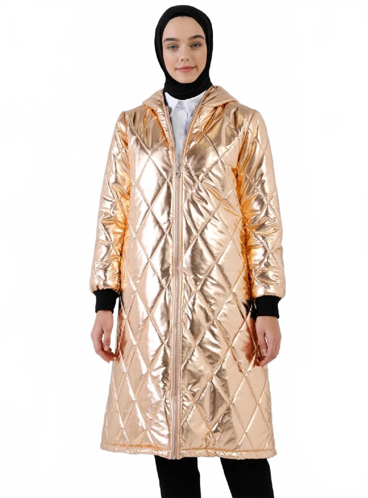 Unknown London Metallic Quilted Long Puffer Coat with Hood, Size 12 Size XL / US 12-14 / IT 48-50 - 1 Thumbnail