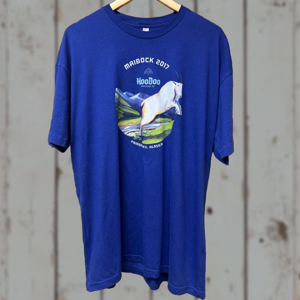 American Apparel HooDoo Brewing Co. Beer T Shirt 2XL Blue Maibock Mountain Goat Men T-Shirt Alaska Vintage No (adjust: but vintage no) Size US XXL / EU 58 / 5 - 1 Thumbnail