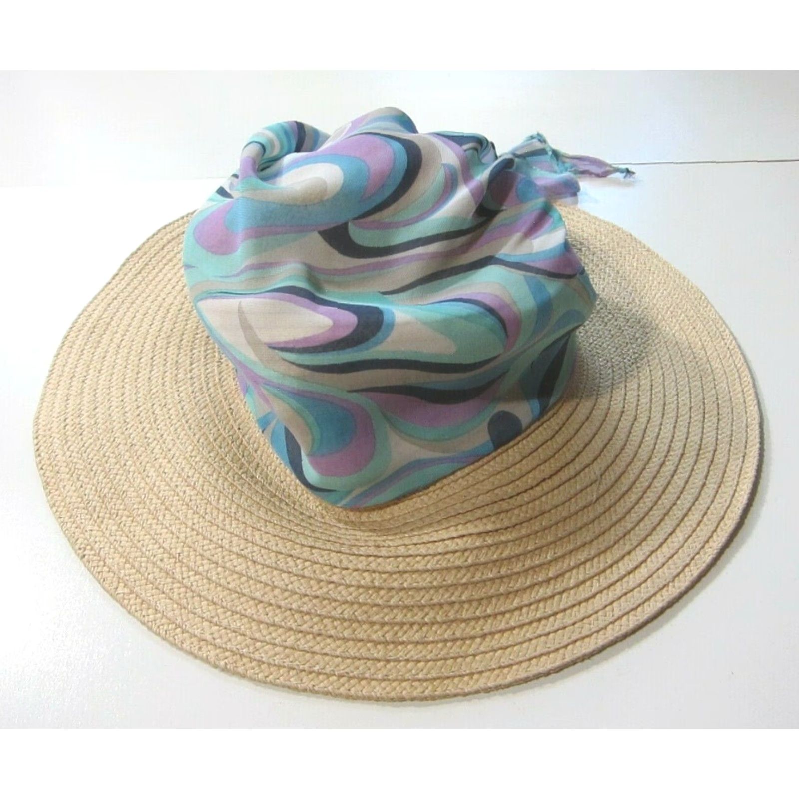 Vintage Sun N Sand Packable Wide Brim Tan Paper Weave Scarf Covered Beach Sun Hat Womens Adult M Brown Size ONE SIZE - 4 Thumbnail