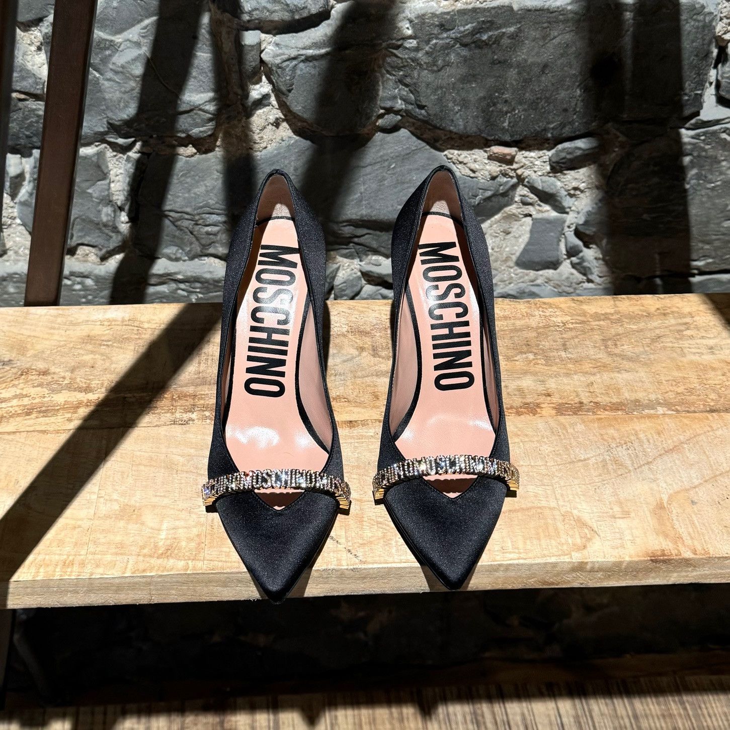 Moschino Moschino Mini Lettering Crystal Logo Black Satin Pumps Size US 9 / IT 39 - 3 Thumbnail