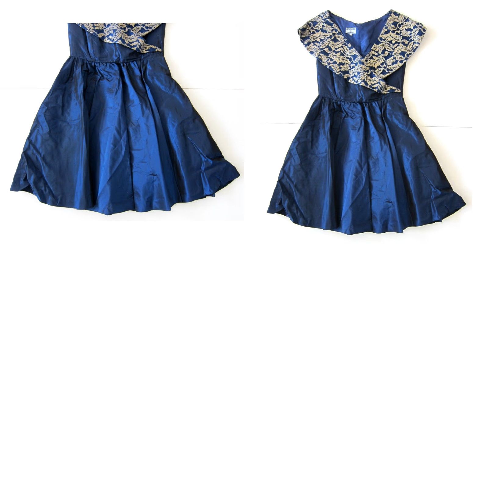 Vintage Evening Chic Lola Berent Blue Satin Empire Dress 11/12, Vintage, Collared, Gold Floral, Knee Length, Short Sleeve, Party/Cocktail, Women Size L / US 10 / IT 46 - 8 Thumbnail