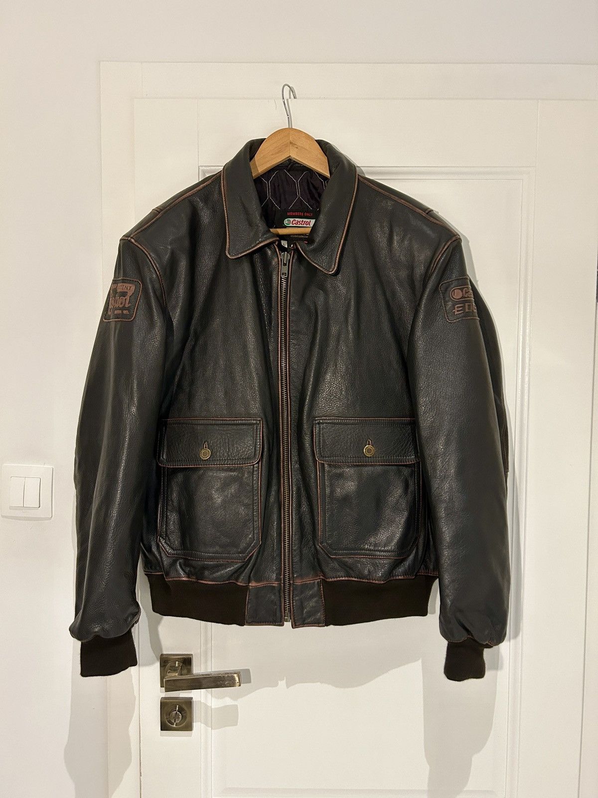 image of Castrol Edge Vintage 90's Leather Nascar Jacket in Black/Brown, Men's (Size Large)