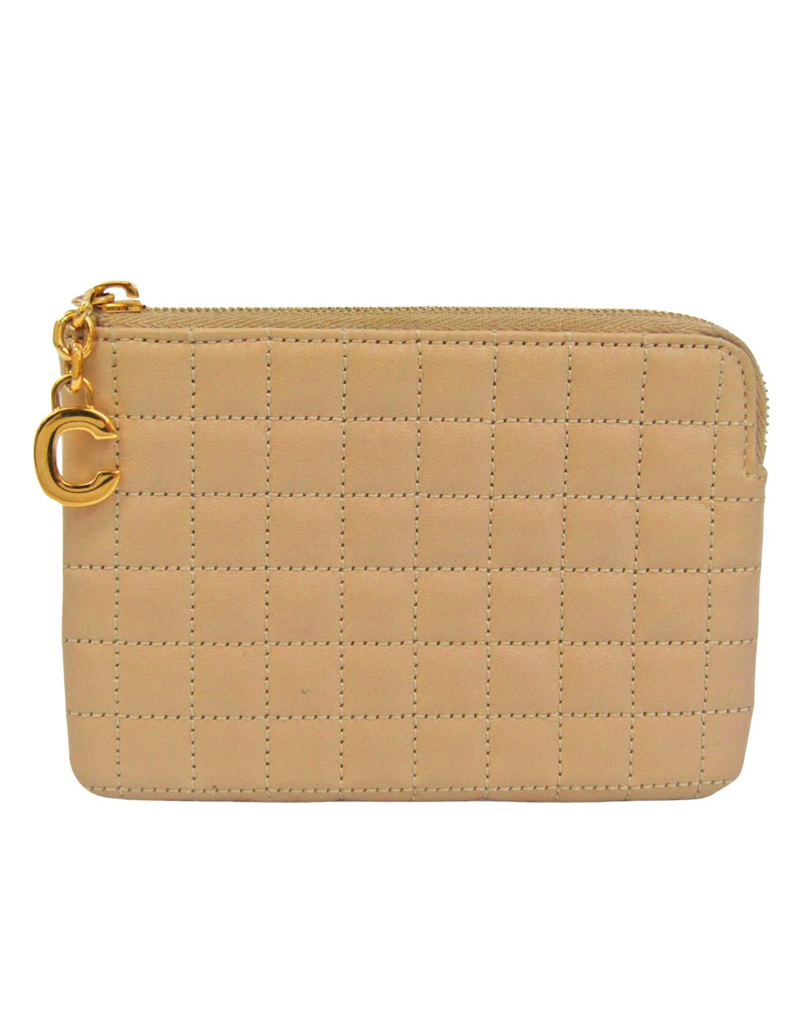 image of Celine Quilted C Charm Coin Purse in Beige, Women's