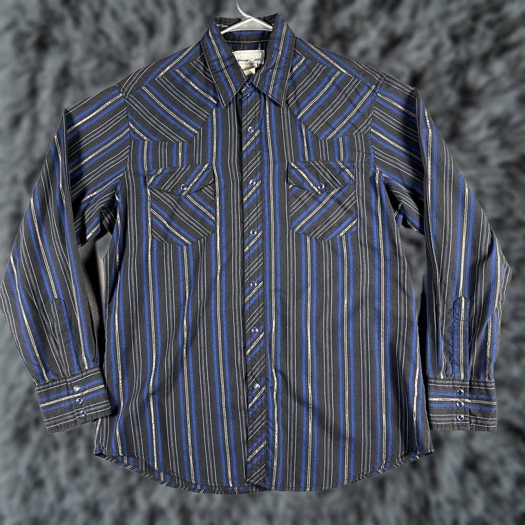 Wrangler Wrangler Wrancher Shirt Mens Large Black Blue Western Pearl Snap Striped Rodeo Size US L / EU 52-54 / 3 - 1 Thumbnail