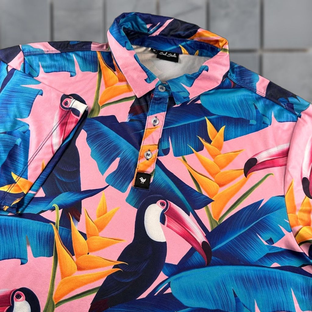 Vintage Bad Birdie Polo Mens M Tropical Toucan Golf Shirt Pink Blue Performance Stretch Size US M / EU 48-50 / 2 - 1 Thumbnail