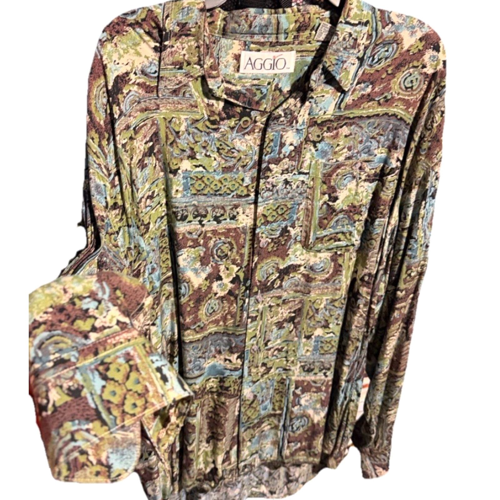 Olive AGGIO Button-Front Shirt Men’s XL Rayon 90s Psychedelic Geometric Brown Olive Blue Long Sleeve Casual Multicolor FYI: 1990s Decade Night Club Size US XL / EU 56 / 4 - 3 Thumbnail