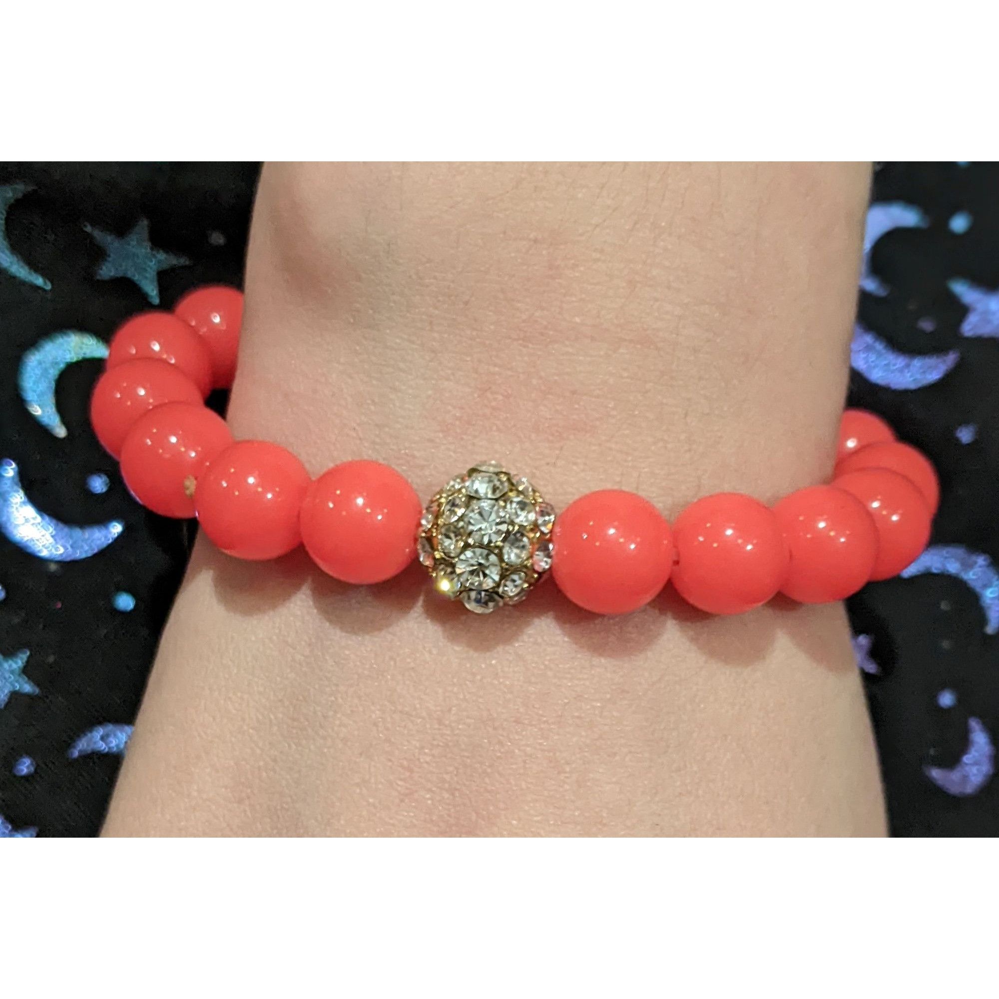 Other Neon Coral Rhinestone Beaded Stretch Bracelet Size ONE SIZE - 1 Thumbnail