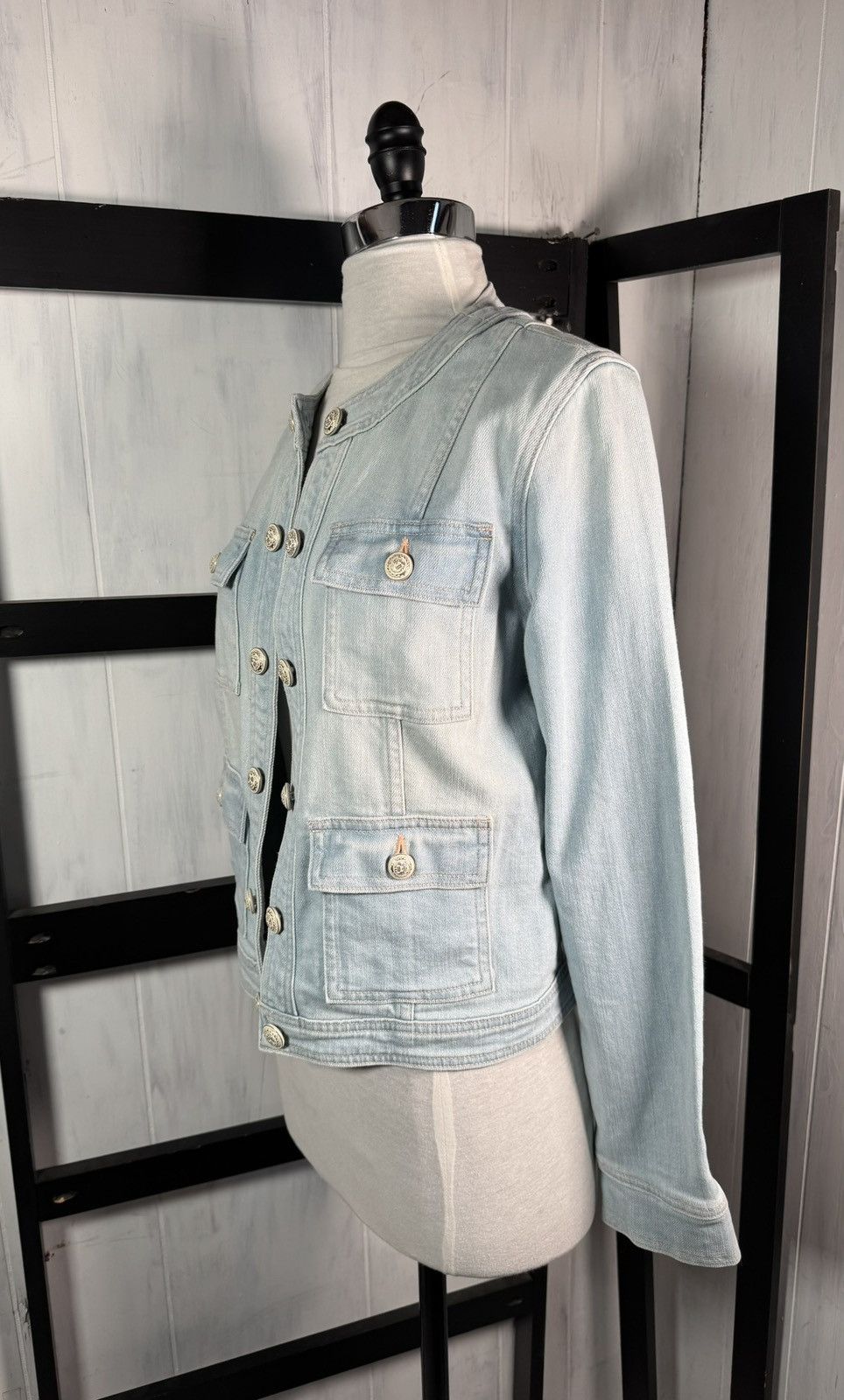 L'AGENCE L'Agence Yari Collarless Denim Open Double Button Jacket Size M / US 6-8 / IT 42-44 - 7 Thumbnail