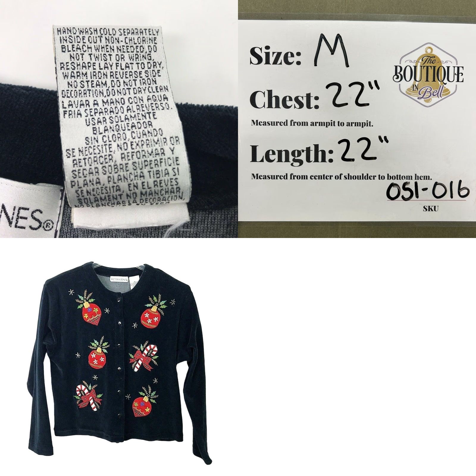 VINTAGE Victoria Jones Christmas Cardigan Sweater Black Velour Applique Holiday Medium