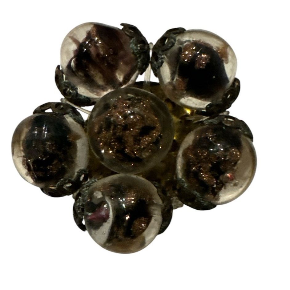 Vtg glass bead cluster clip earrings brown made in Italy