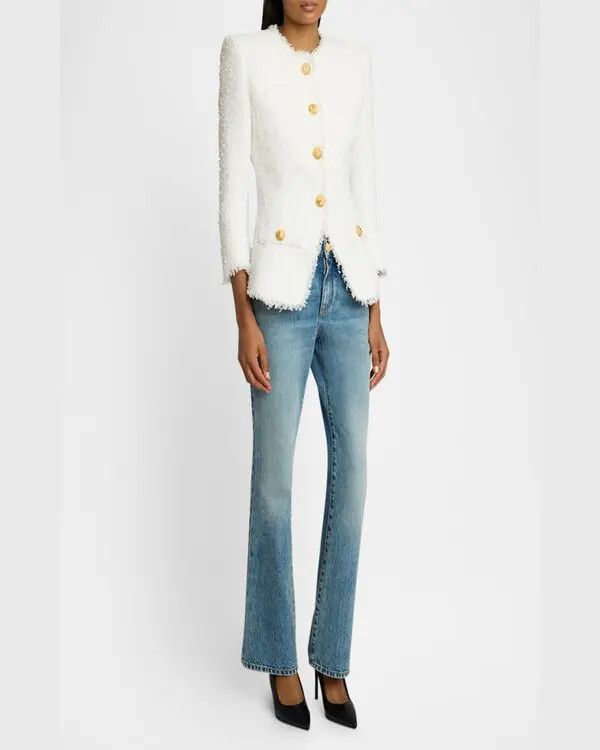Balmain o1s1wg111225 Collarless Tweed Jacket in White Size L / US 10 / IT 46 - 4 Thumbnail
