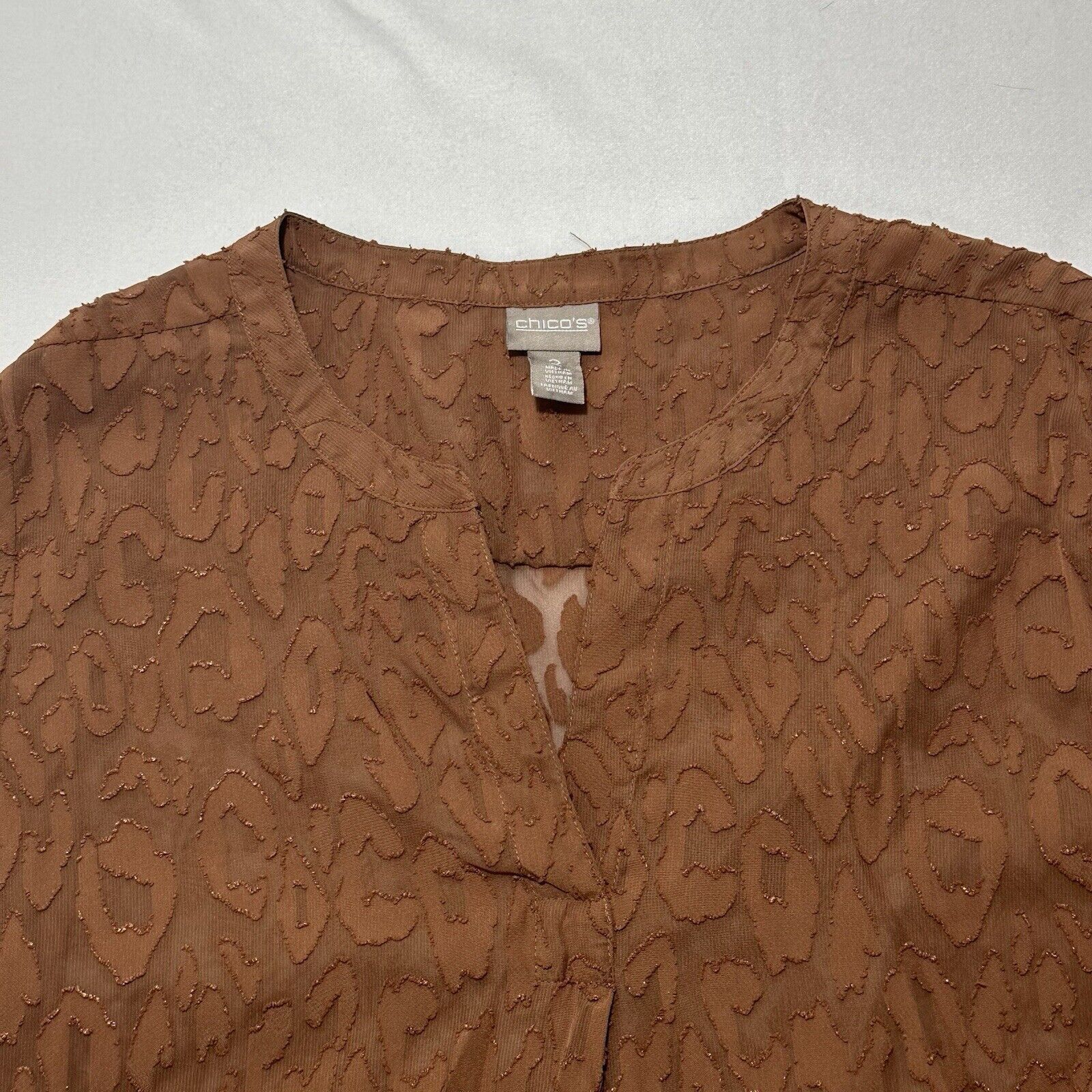 Chicos Chicos Large Brown Animal Print 3/4 Sleeve Sheer Blouse Size L / US 10 / IT 46 - 2 Thumbnail