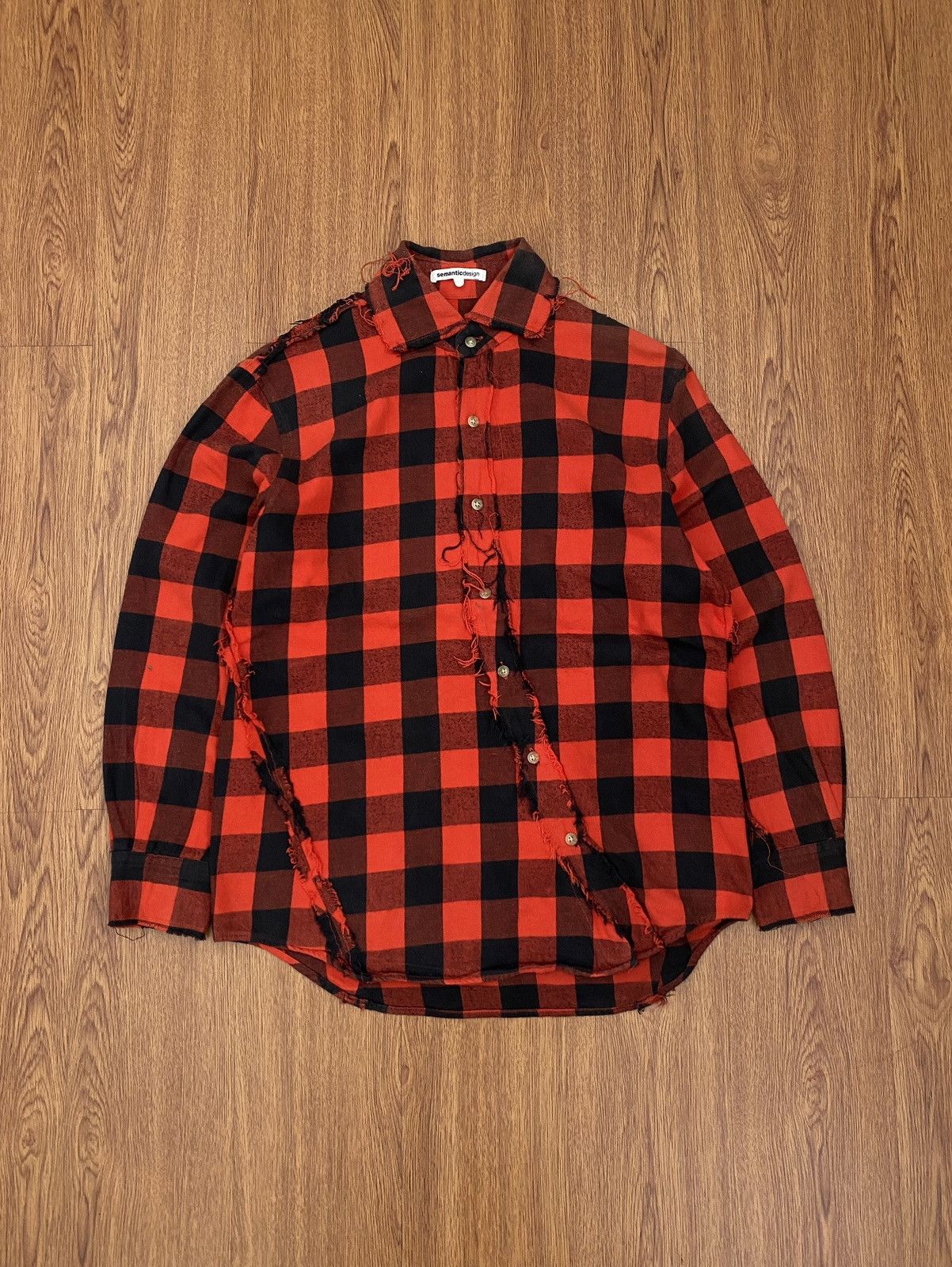 image of If Six Was Nine x Le Grande Bleu L G B Semantic Design Asymetric Raw Edge Shirt in Red (Size Medium