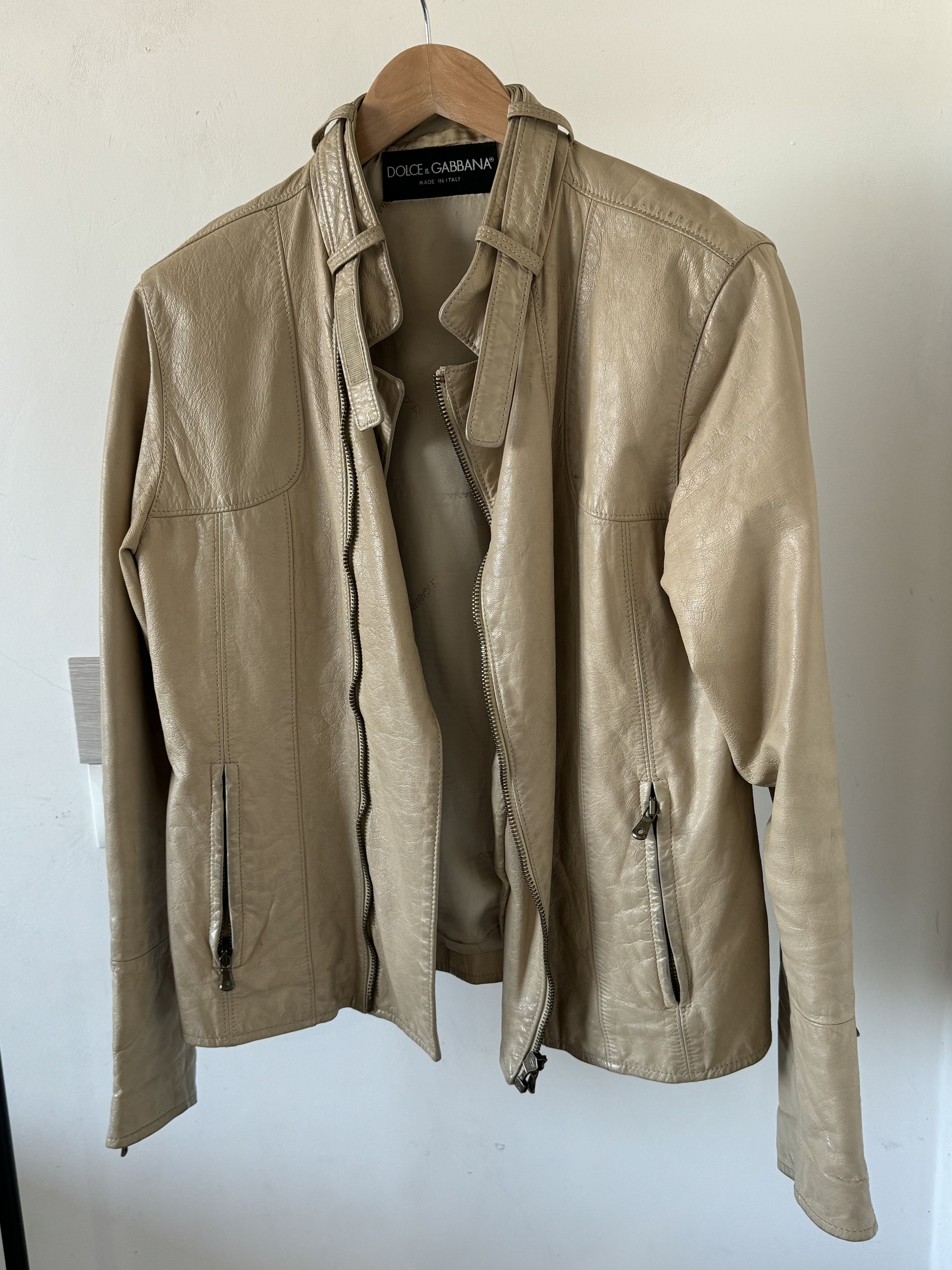 Dolce & Gabbana Dolce & Gabbana Rare Goatskin Leather Moto Jacket Beige Size US L / EU 52-54 / 3 - 10 Thumbnail